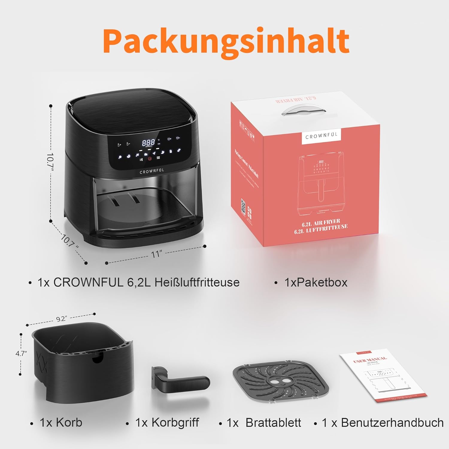 CROWNFUL Heißluftfritteuse, 6,2 l, XXL-Heißluftfritteuse, elektrischer 8-in-1-Öllos-Herd, Heißluftfritteusen mit LCD-Touchscreen und 8 Voreinstellungen, präzise Temperaturregelung, antihaftbeschichteter Korb – Bild 8