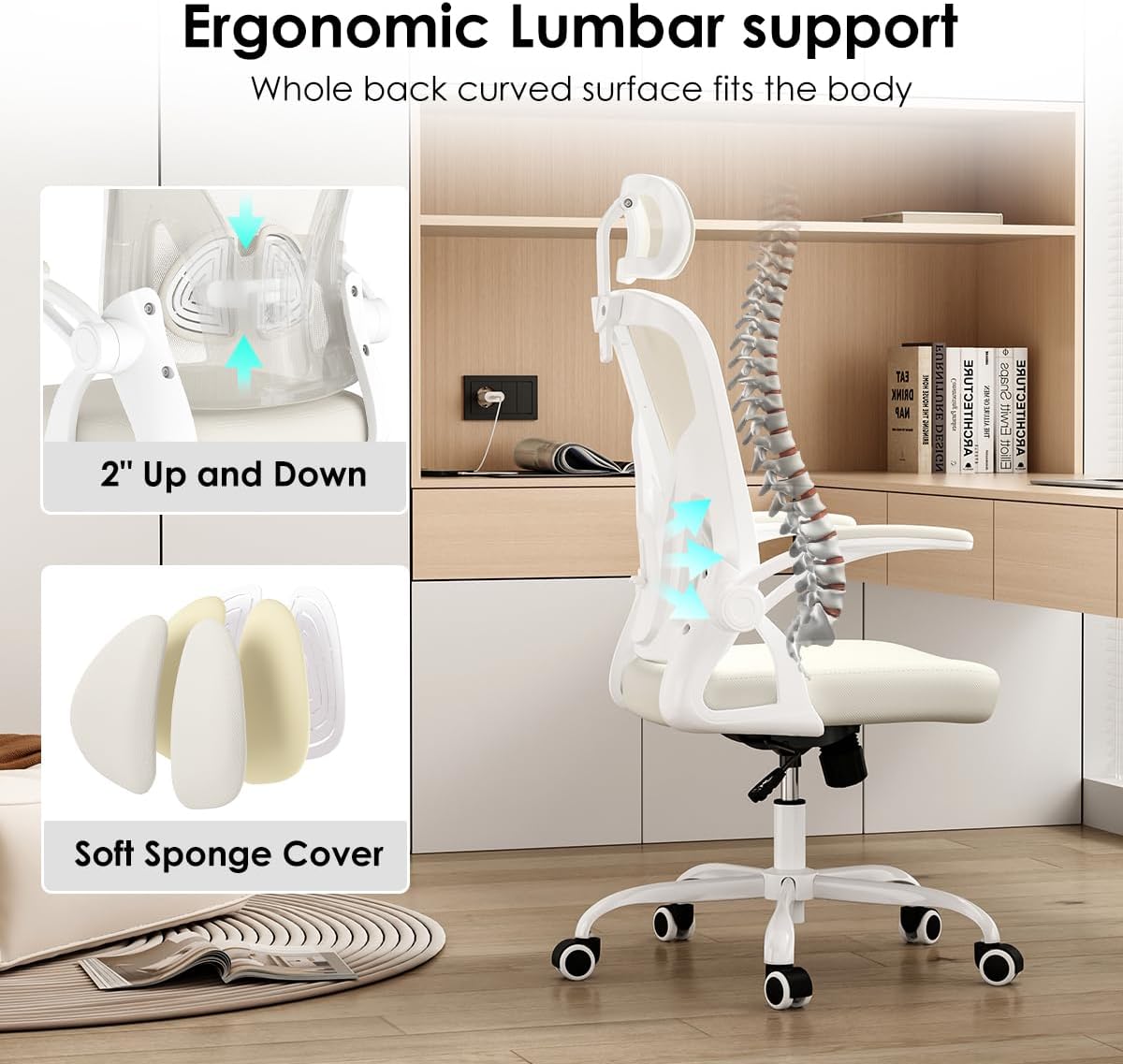 Farini Ergonomischer Stuhl mit Armlehne, Büro-Schreibtischstuhl mit Rollen, bequemer Home-Office-Stuhl, Weiß – Bild 10