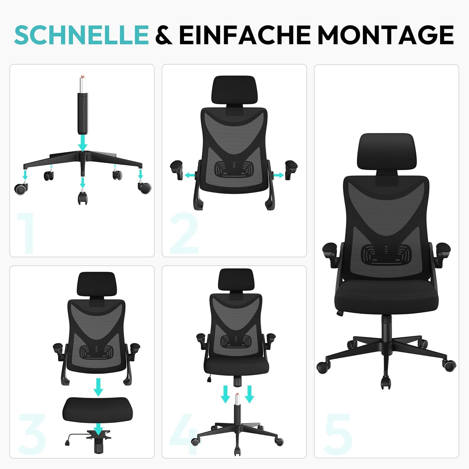 Yaheetech Ergonomischer Bürostuhl, Schreibtischstuhl mit klappbaren Armlehnen, Drehstuhl mit Rückenlehne und verstellbarer Kopfstütze, Chefsessel, Wippfunktion, maximale Belastung 136 kg, Schwarz – Bild 9