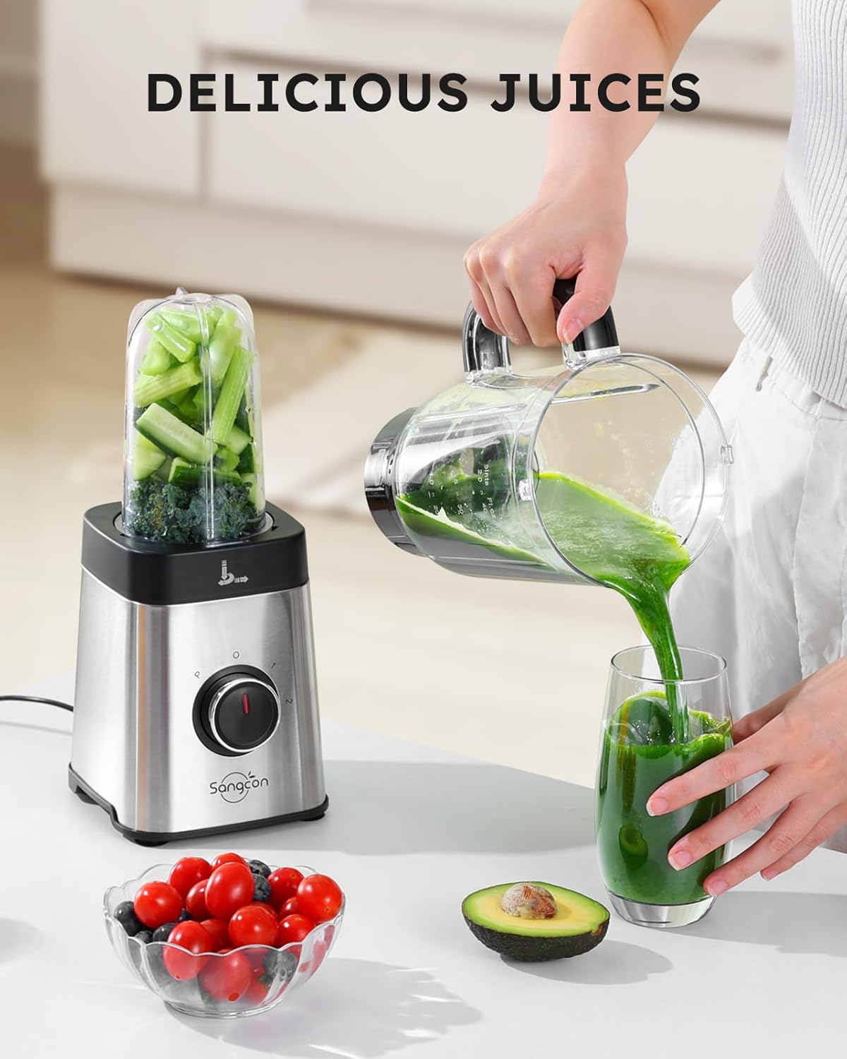 Sangcon 5-in-1-Standmixer und Smoothie-Maker, 500 W für Shakes und Smoothies aus Fleisch, gehacktem Fleisch, 3 Geschwindigkeitsstufen mit Pulse-Funktion, 40 oz Glas und 17 oz mit Deckel aus Edelstahl – Bild 3