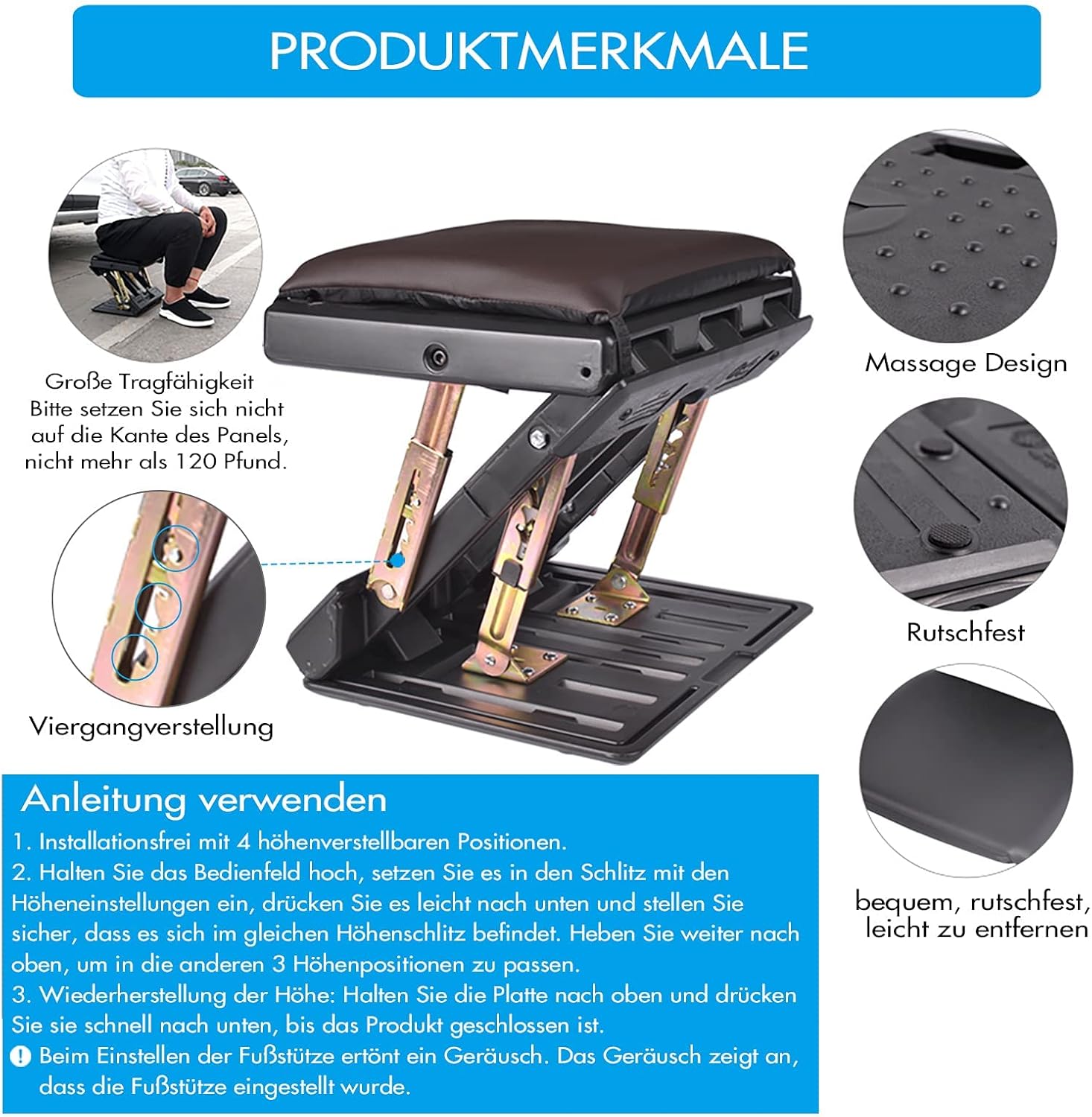 Fußstütze, Schreibtisch-Fußstütze, verstellbarer Fußhocker mit Massage, ergonomischer Höhenwinkel, verstellbar, für Büro und Zuhause (schwarz) – Bild 6