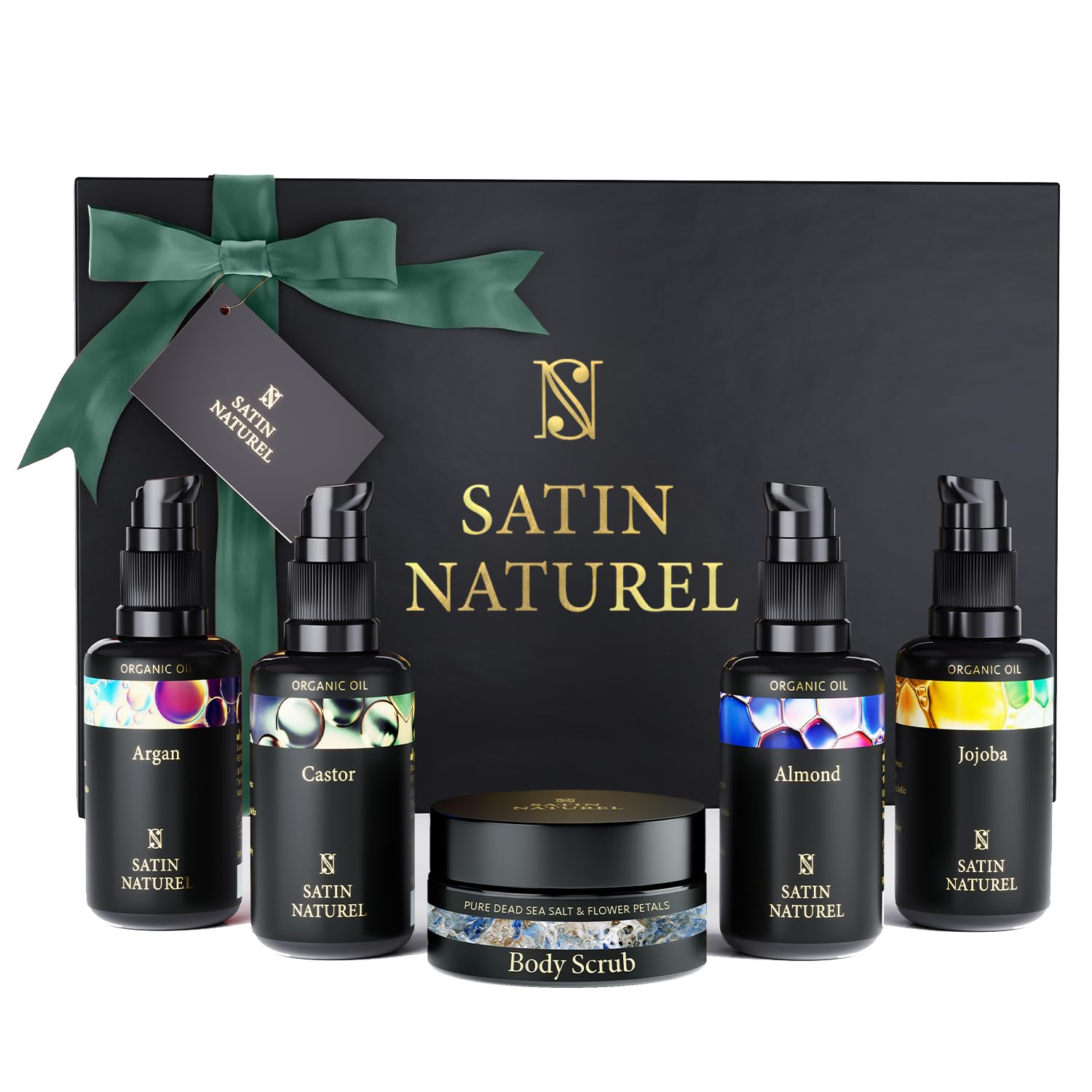 Satin Naturel Verwöhn-Geschenkset für Frauen mit Bio-Arganöl, Rizinusöl, Mandelöl, Jojobaöl und Sheabutter, Wellness-Set