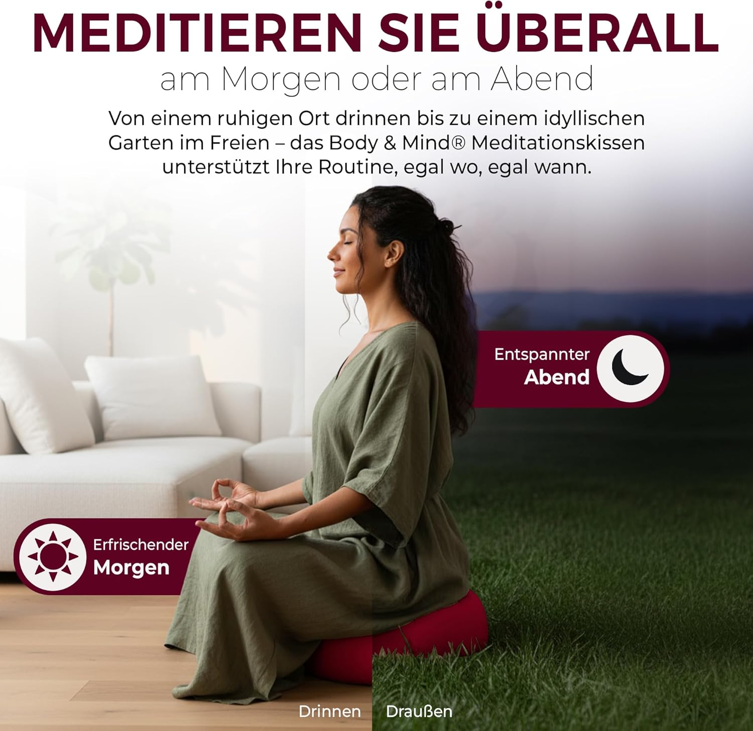 Body & Mind® Yogakissen Meditationskissen Bodensitzkissen Auflage für Meditation & Yoga; Waschbarer Bezug und atmungsaktive Premium-Füllung; 18 cm Sitzhöhe – Bild 9