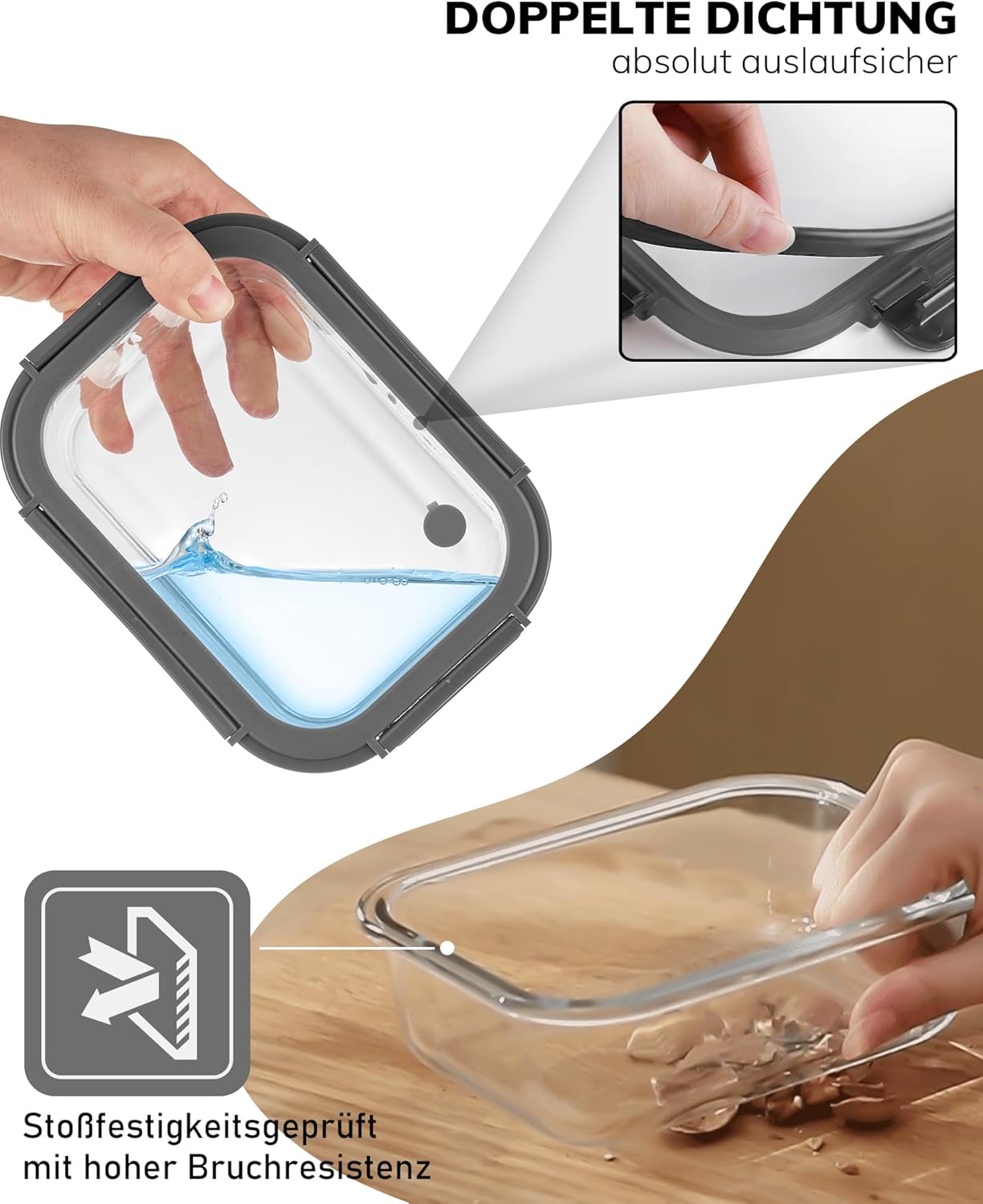 5er-Pack Borosilikatglasbehälter mit gehärtetem Deckel, 1040 ml/4,4 Tassen, luftdichtes Meal-Prep-Set, mikrowellen-/gefriergeeignet/ofenfest -20℃~510℃, Grau – Bild 4