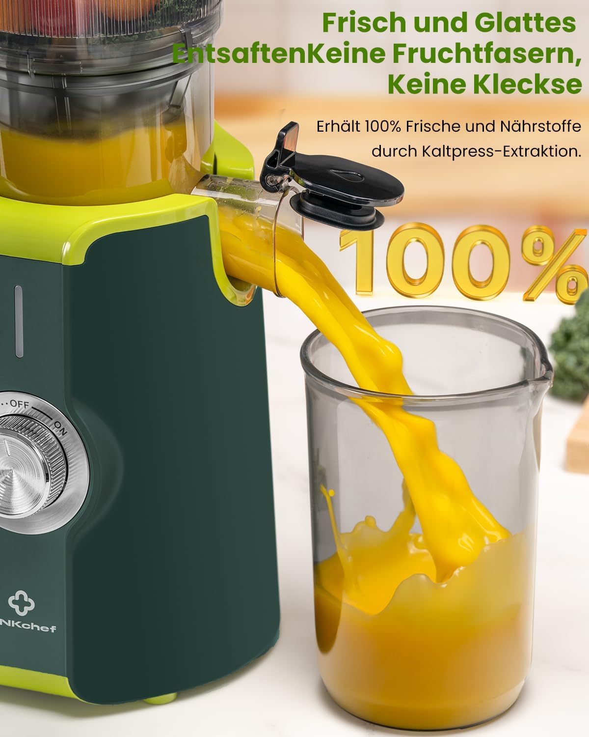 LINKChef Slow Juicer, Entsafter Gemüse und Obst, Testsieger mit 115 mm großem Entsafter, Kaltentsafter für ganze Früchte/Gemüse, Blitzreiniger, einfache Installation, BPA-frei, 200 W, Grün – Bild 6