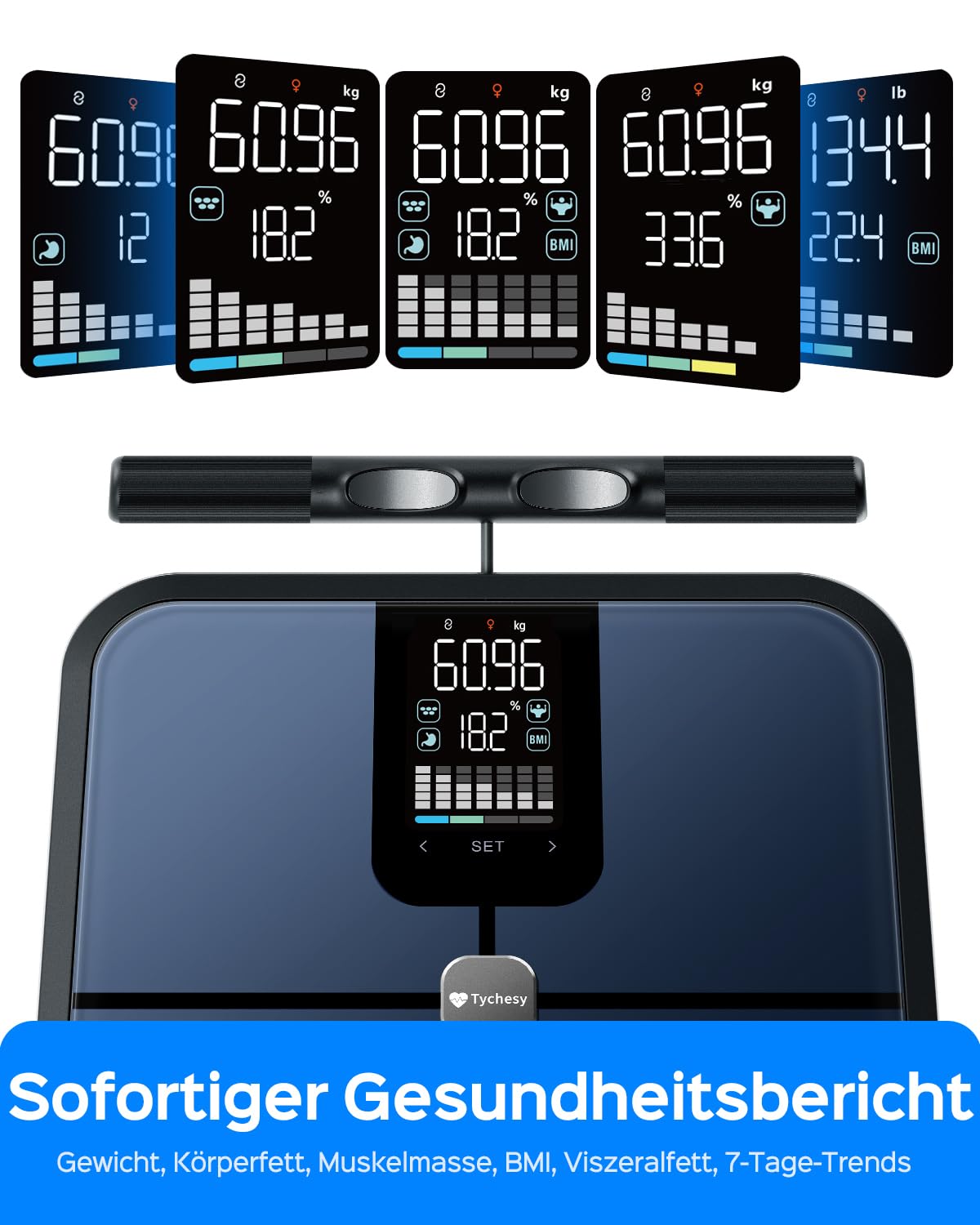 Körperfettwaage mit Handsensoren, digitale Personenwaage mit Körperfettanalyse, intelligente Waage mit 8 Elektroden für Körperfett und Muskelmasse, BMI, und 28 Körpermaßen, 180 kg – Bild 2