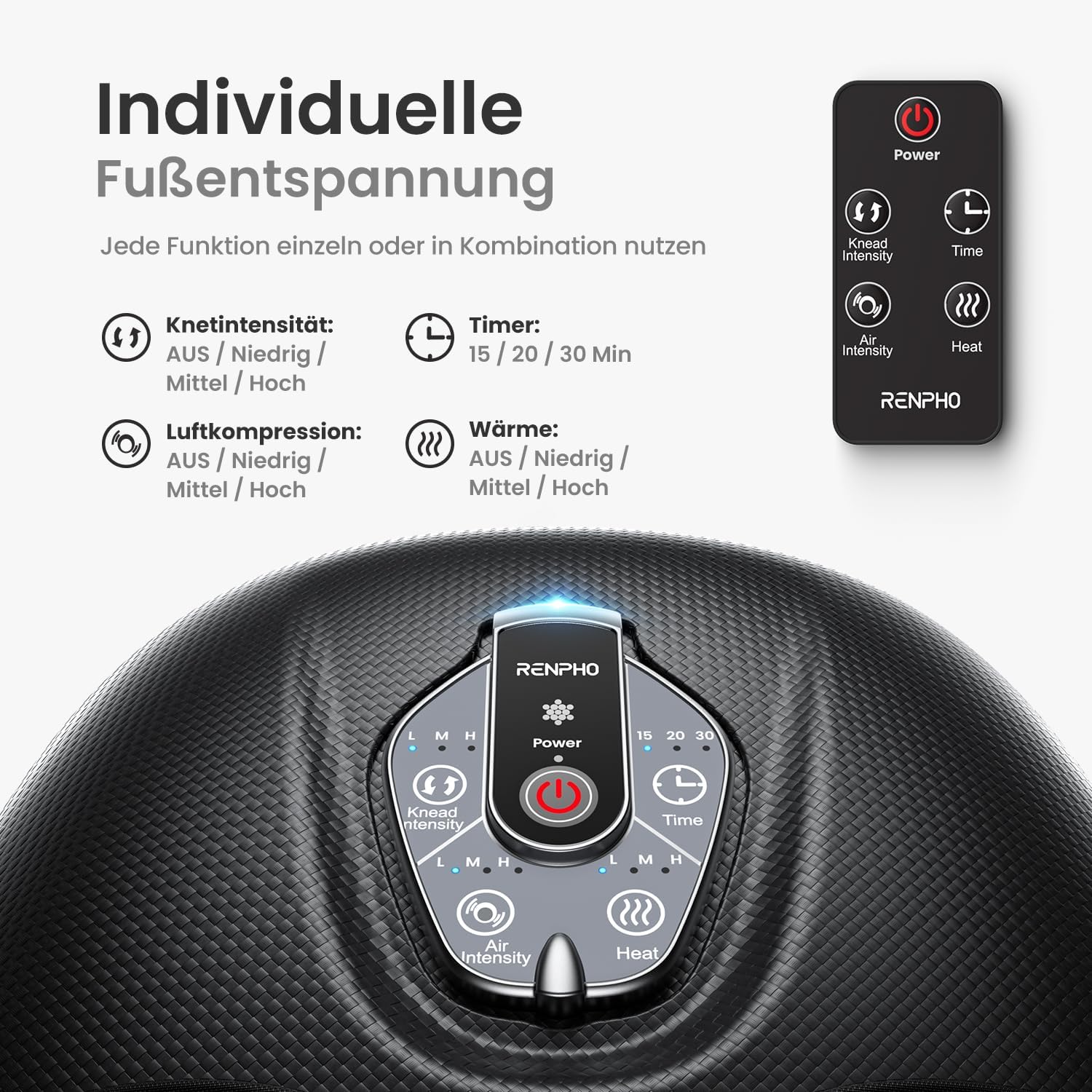 RENPHO Tragbares Fußmassagegerät mit Wärme (2026 aktualisiert), Fußmassagegerät elektrisch, Testsieger, 3D-Kneten, Rollen und Luftkompression, 3 Intensitäten, Geschenke für Damen und Herren, Schwarz – Bild 2