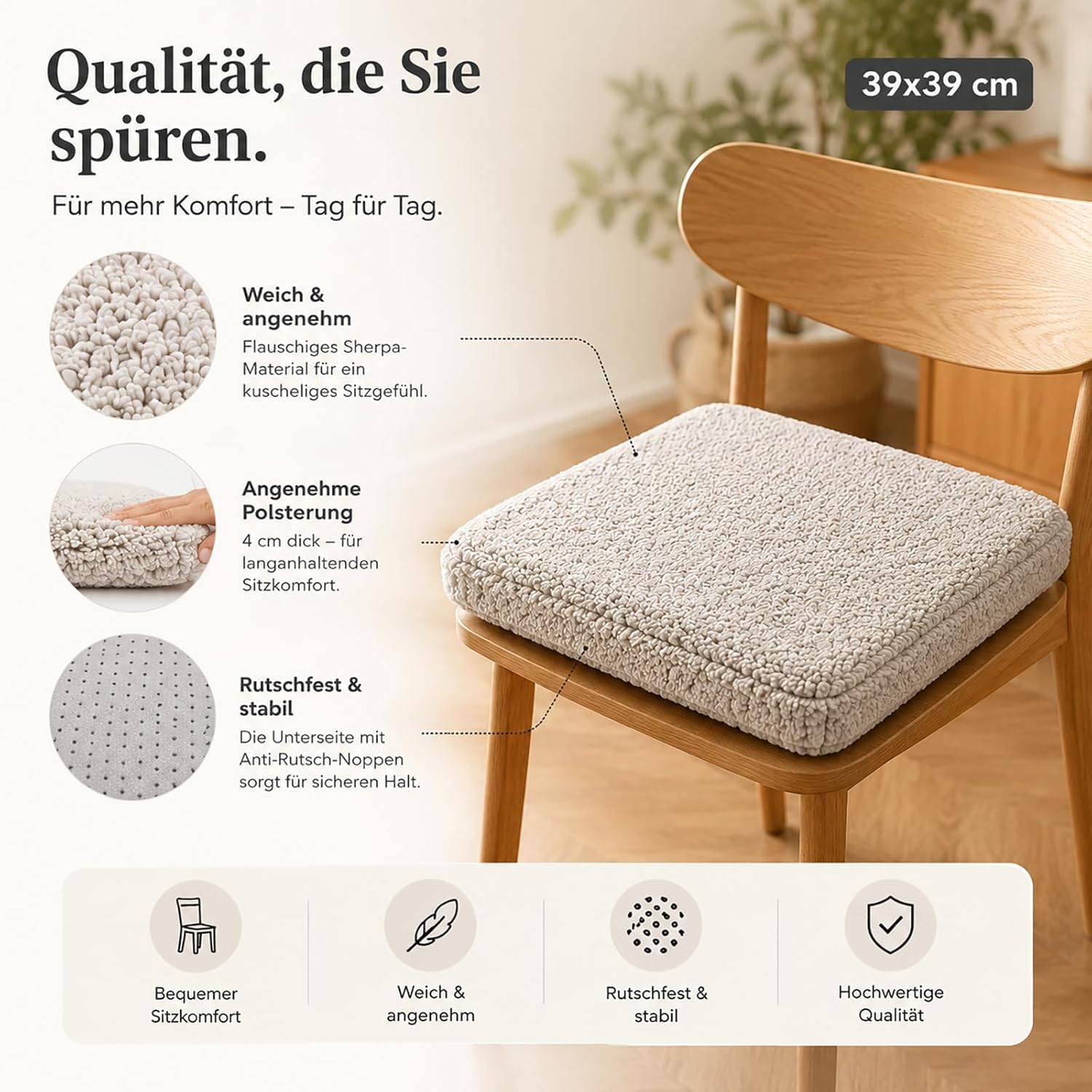 KAMACA 2er Set Sherpa Sitzkissen 39x39x4 cm Taupe – Weiche Stuhlkissen mit Schaumstofffüllung, Flauschige Sitzauflage, Komfort Sitzpolster für Küche, Esszimmer & Büro – Bild 3