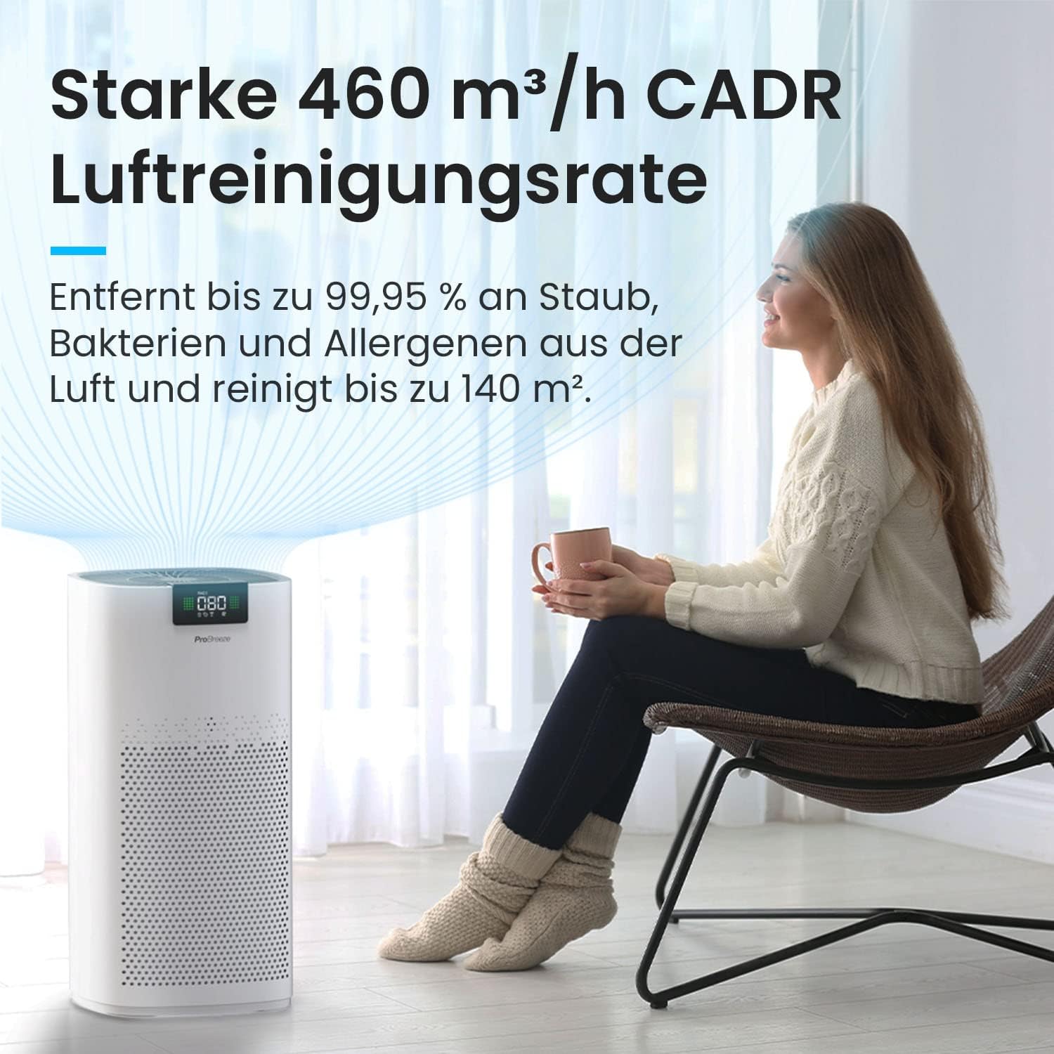 Pro Breeze Luftreiniger Hepa 13 Filter mit UV-C-Lampe, Luftionisator & Aktivkohlefilter, CADR 460 m3 – Luftreiniger mit Luftqualitätsmessgerät für große Räume bis 140 m² – bis zu 99,95 % Filterleistung – Bild 2