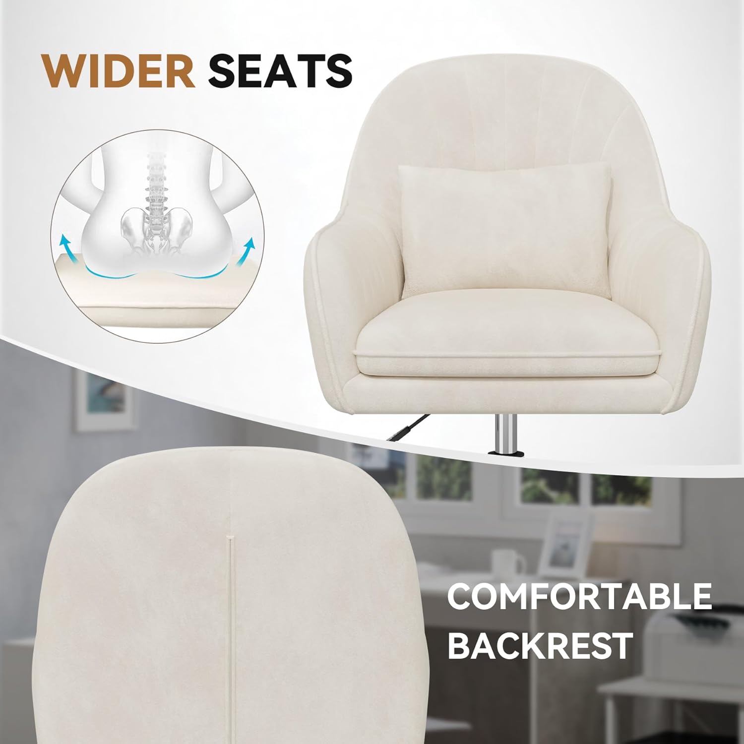 Home-Office-Stuhl, Samtstuhl mit Kissen, 360° drehbar, höhenverstellbarer Bürostuhl, ergonomisch, Schminkstuhl, Drehstuhl, für Arbeitszimmer, Schlafzimmer, maximale Belastung 120 kg, Beige – Bild 4