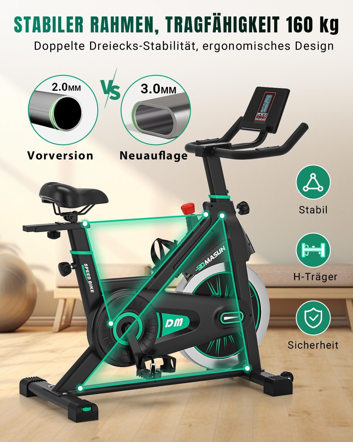 Heimtrainer Fahrrad, DMASUN Hometrainer Fahrrad mit 100% Widerstand, Leise & Stabil, Ergometer mit App kompatibel & LCD-Monitor, verbessertes Indoor Fitnessbike für zuhause, 160/180Kg belastbar – Bild 3