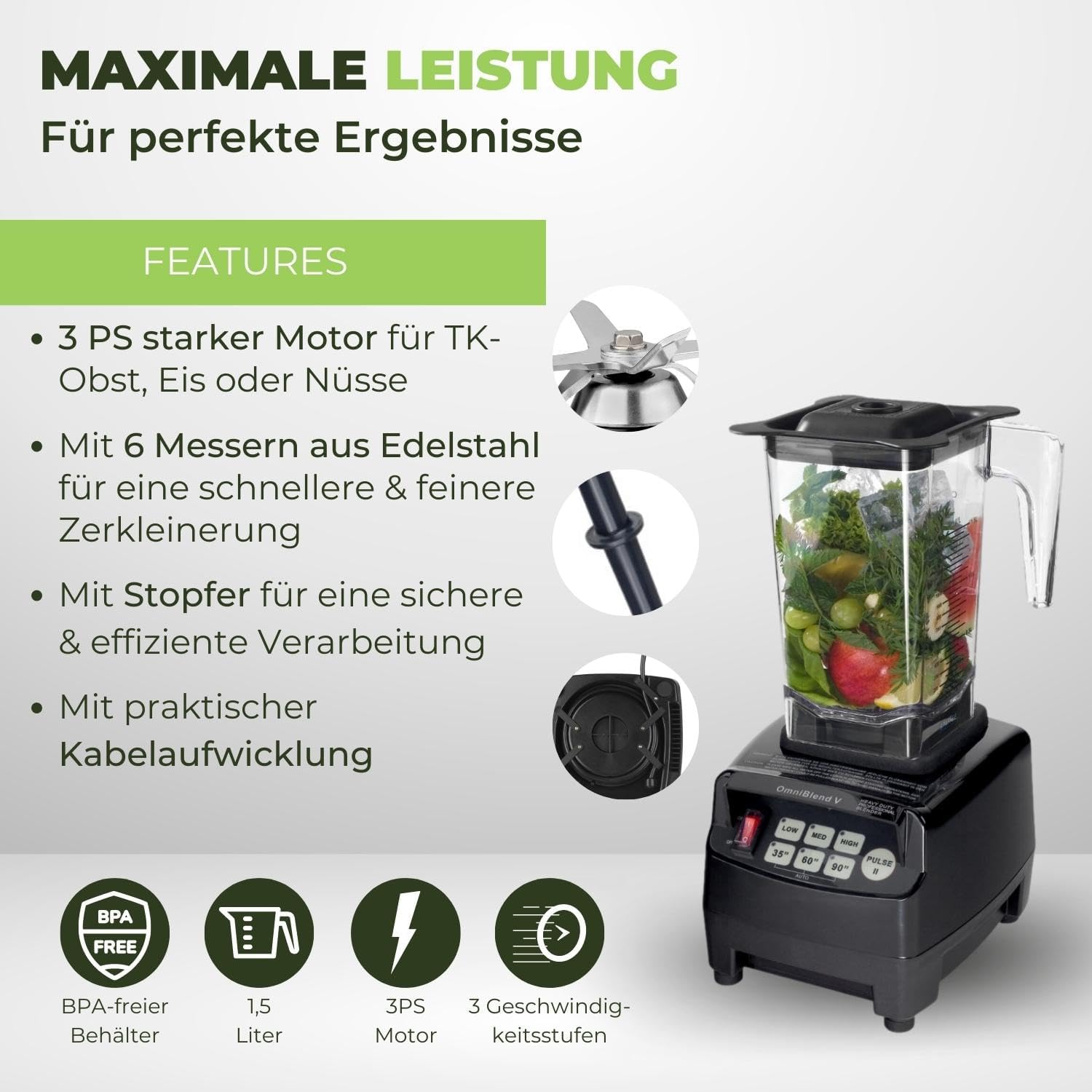 OmniBlend Smoothie Maker 1,5 L in Schwarz I Smoothie Mixer inklusive BPA-freiem Behälter & 6-Klingen-System aus Edelstahl I Mixer Smoothie Maker ideal für grüne Smoothies I Standmixer mit 3 PS Motor – Bild 3