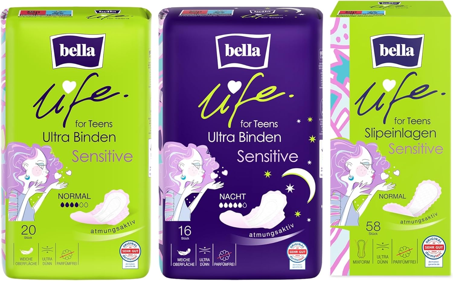 bella life for teens Set Sensitiv für die erste Periode | Damenbinden und Slipeinlagen für Mädchen im Teenageralter | Kit für die erste Periode | für Nacht und Normal | Dermatest: Sehr gut | 94 Stück