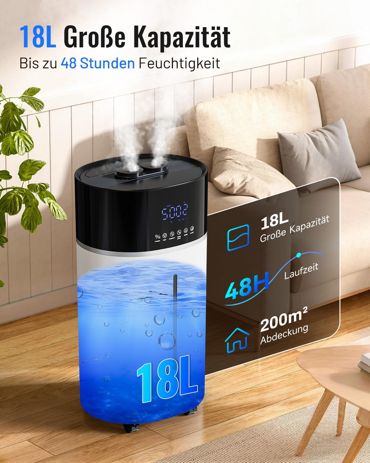 Luftbefeuchter für große Räume, 18 l, warmer und kühler Nebel, Luftbefeuchter bis zu 200 m², Raumbefeuchter für Wohnzimmer, verlängertes Rohr und Doppeldüsen, Ultraschall-Luftbefeuchter, Schlafzimmer/Büro/Pflanzen/gewerblich, Weiß – Bild 4