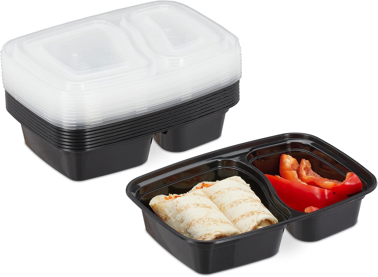 Relaxdays Meal-Prep-Boxen, 10er-Set, 2 Fächer, mikrowellengeeignet, 800 ml, Lebensmittelbox aus Kunststoff mit Deckel, schwarz, 10028692