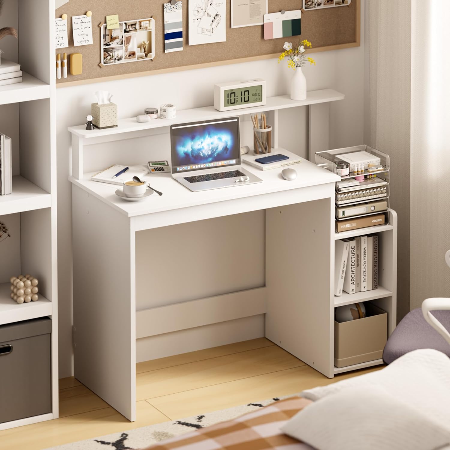 Mondeer Schreibtisch, Computertisch mit verstellbarer Ablage, kompakter Bürotisch mit Monitorständer, 110 x 48 x 93 cm, für Arbeitszimmer, Büro, Schlafzimmer, Weiß – Bild 2