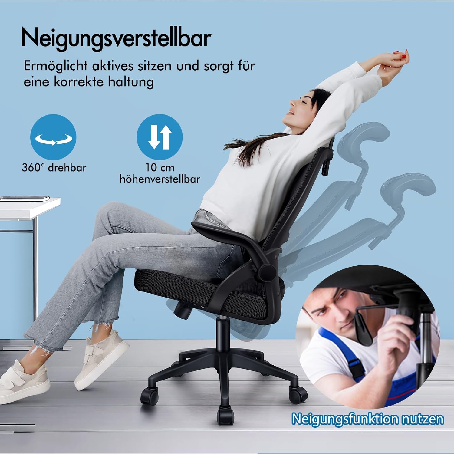 ALFORDSON Ergonomischer Büro-Schreibtischstuhl, Computerstuhl mit dynamischer Lordosenstütze, neigbarer Drehstuhl mit hochklappbarer Armlehne, Schwarz – Bild 7