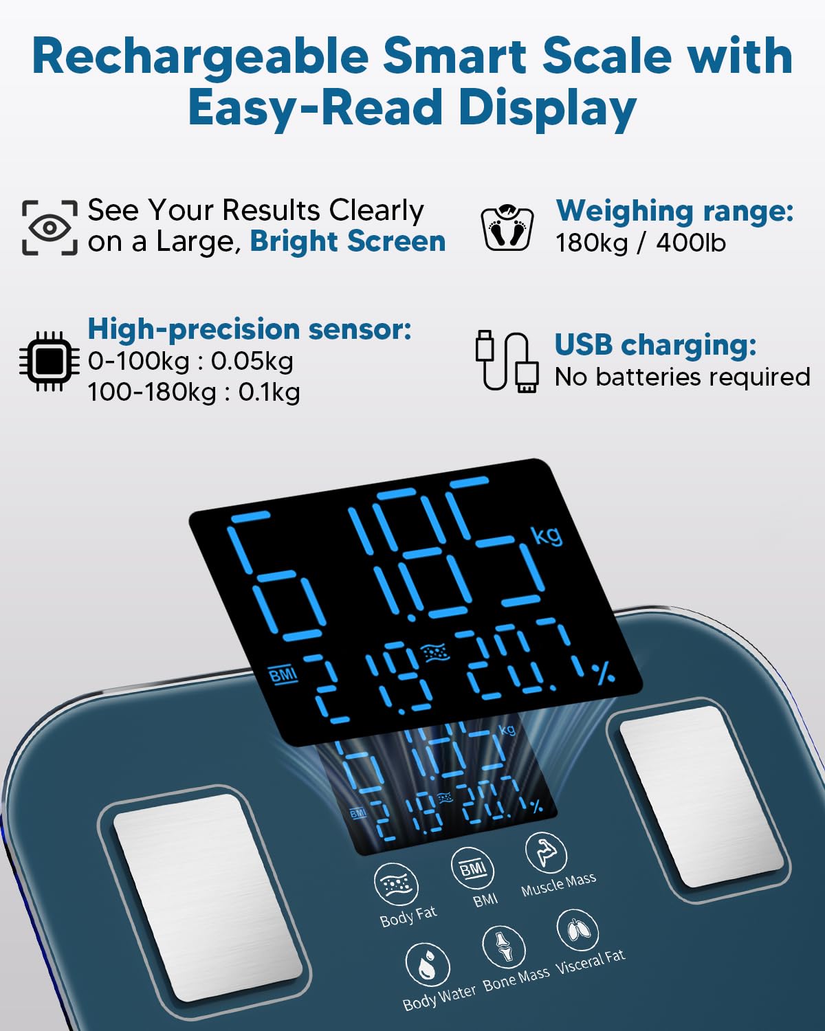 arboleaf Körperfettwaage USB wiederaufladbar, Körperanalysewaage mit zweireihigem LED-Display, Waage mit Körperfett und Muskelmasse für BMI & 14 Werte, digitale Personenwaage ohne Batterie bis 180 kg – Bild 3