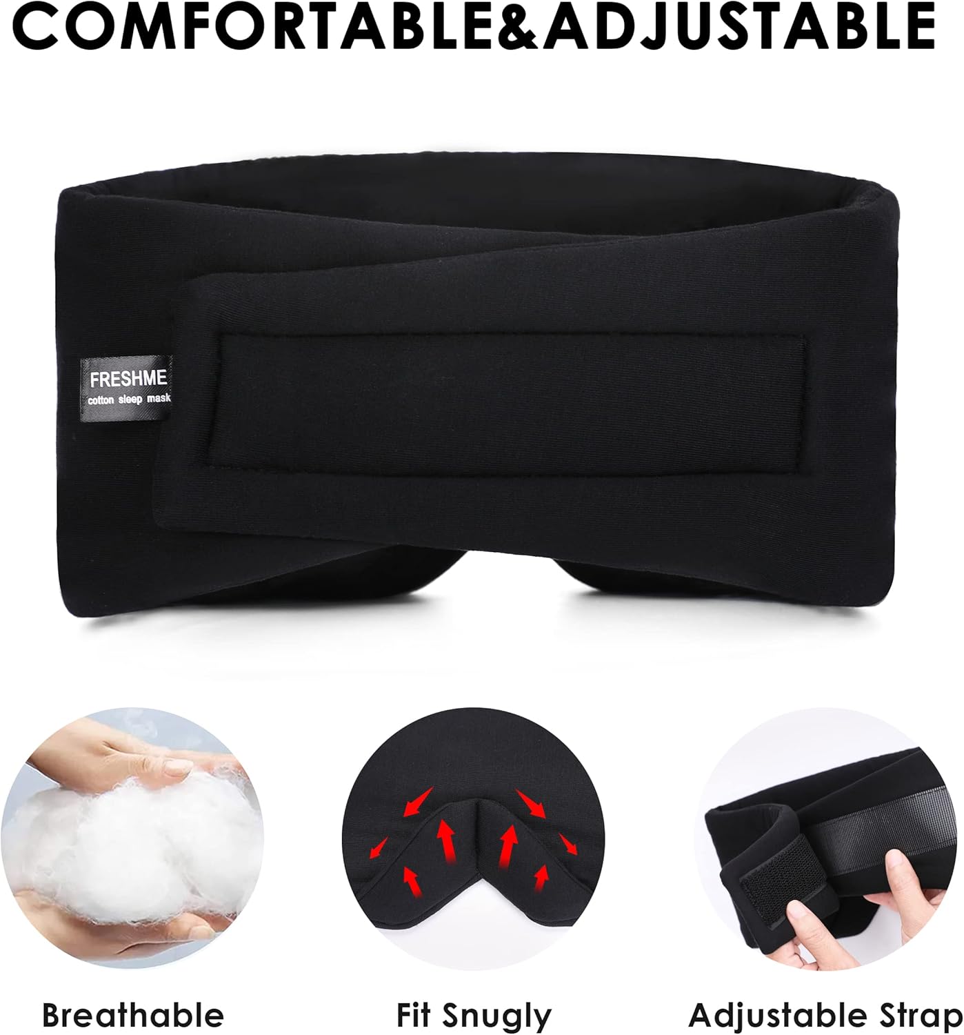FRESHME Schlafmaske Blackout – handgefertigte Schlafmaske aus Baumwolle für Damen und Herren, Augenmaske zum Schlafen, schwarz, weiche Augenabdeckung zum Schlafen mit verstellbarem, atmungsaktivem Veclro – Bild 3