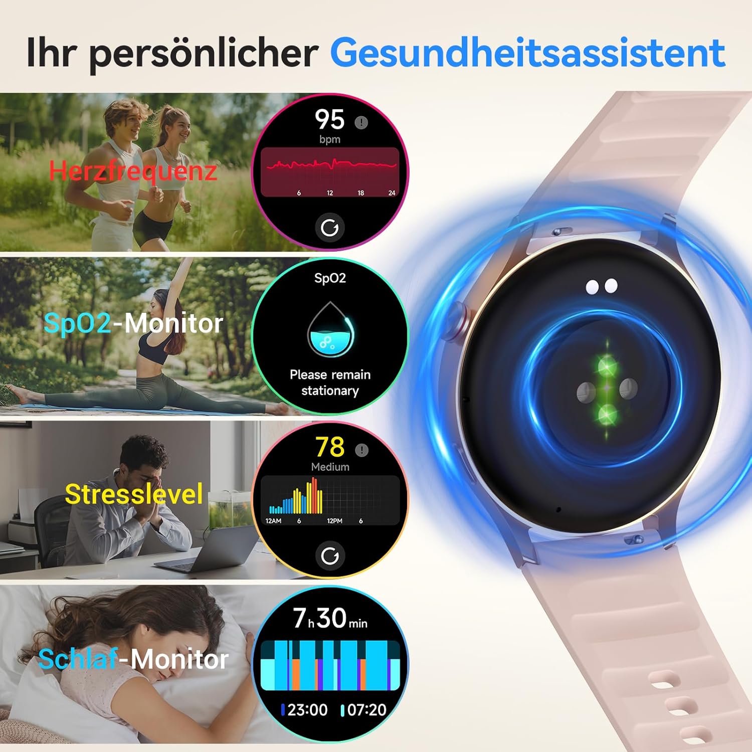Runde Smartwatch für Damen mit Telefonfunktion, 1,32 Zoll AMOLED-Display, Fitnessuhr mit 110+ Sportmodi & 3ATM, Uhren Damen Herren für iOS/Android, Schrittzähler mit Herzfrequenzmesser/SpO2/Schlafmonitor – Rosa – Bild 4