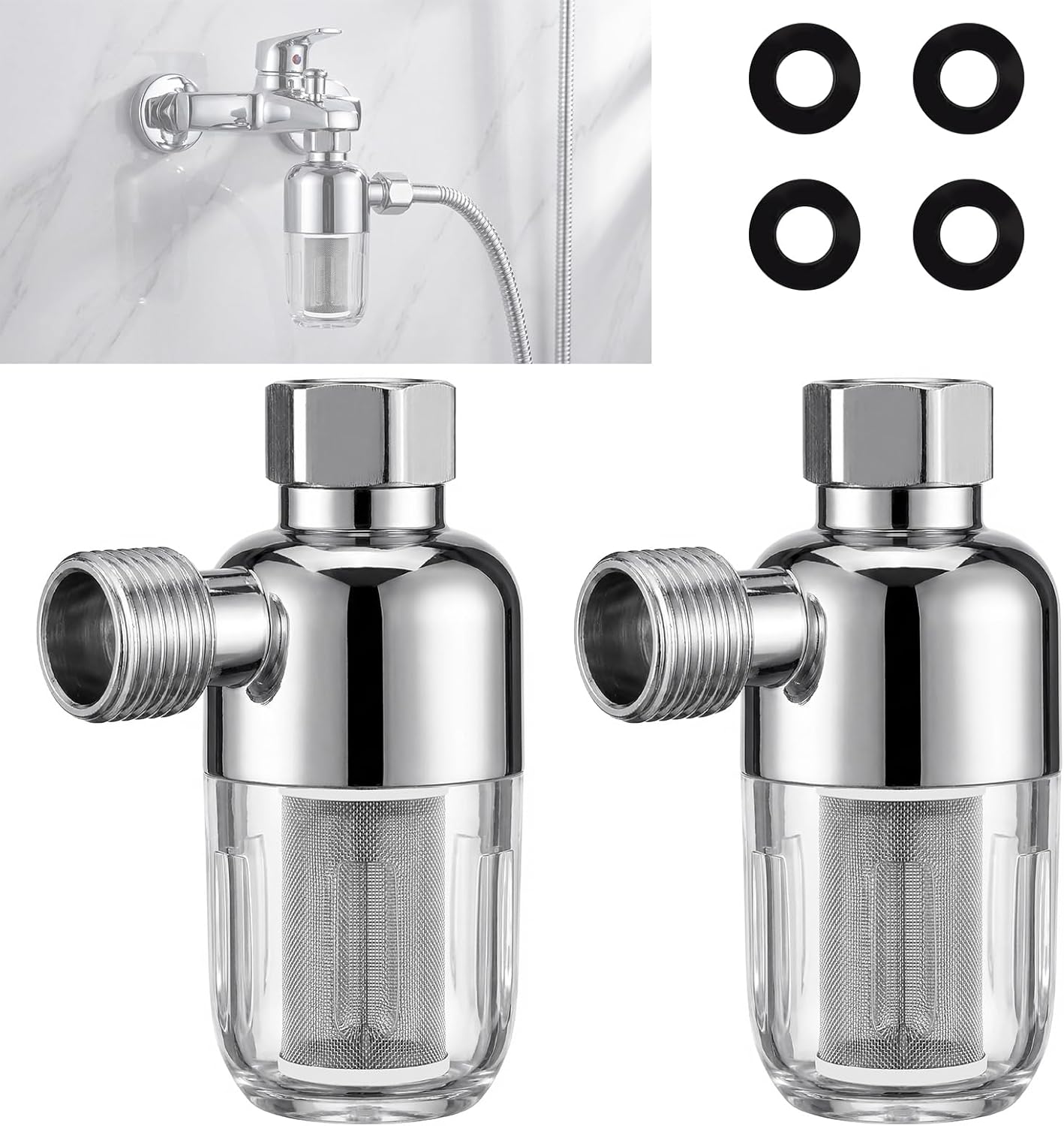 2 Stück Wasserfilter Duschwassersystem Vorfilter – Wiederverwendbarer Kalkfilter und Duschfilter mit 40 μm Edelstahl-Filterelement für Wasserhahn, Duschfilter, Warmwasserbereiter, Waschmaschine, Toilette
