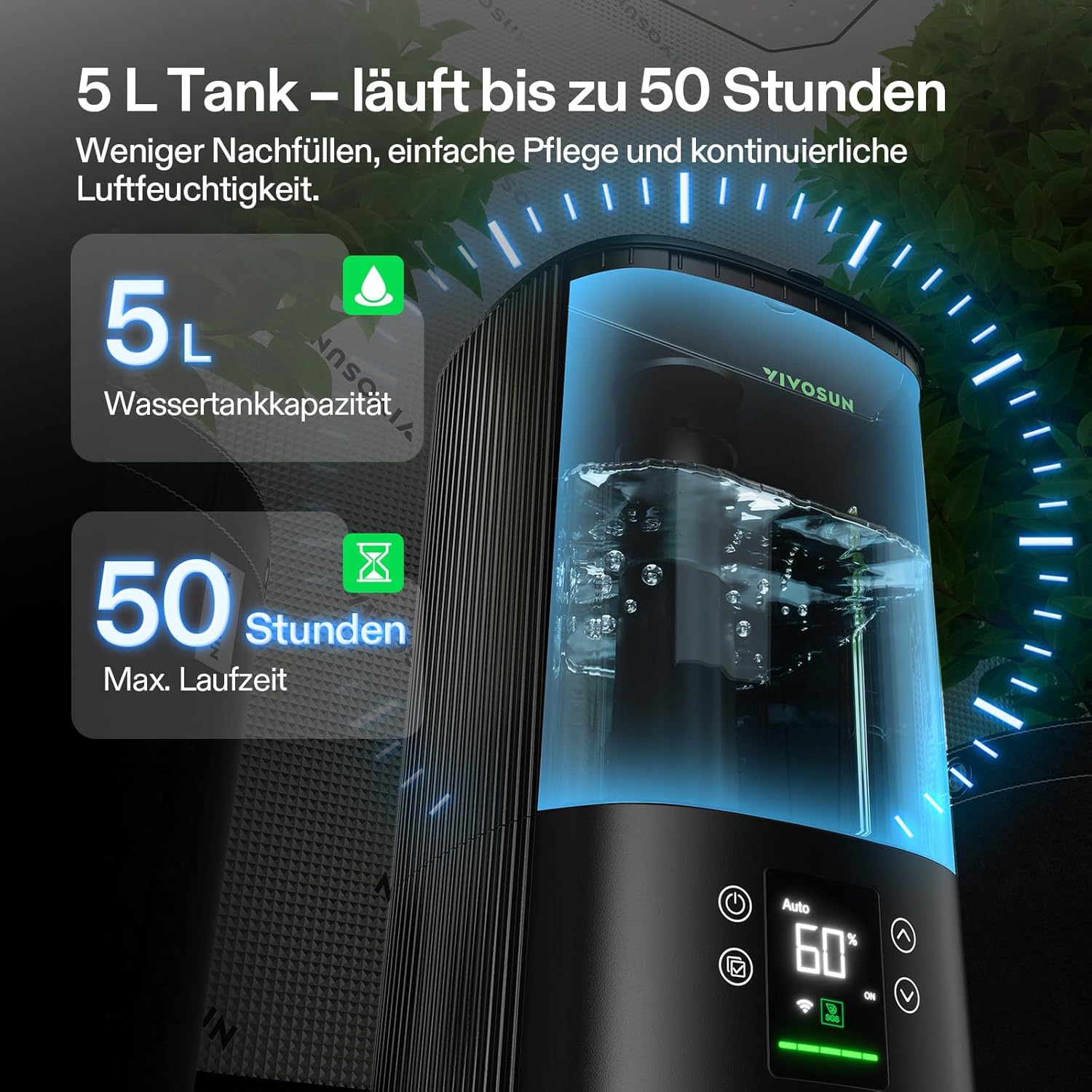 VIVOSUN Pflanzenbefeuchter, 5 l, intelligenter Luftbefeuchter für Pflanzen, AeroStream H05, 24 dB, leise, 360° kühler Nebel, 50 Stunden, langlebig, Top-Fill-Ultraschall, entwickelt für Wachstumszelte, Growbox – Bild 5