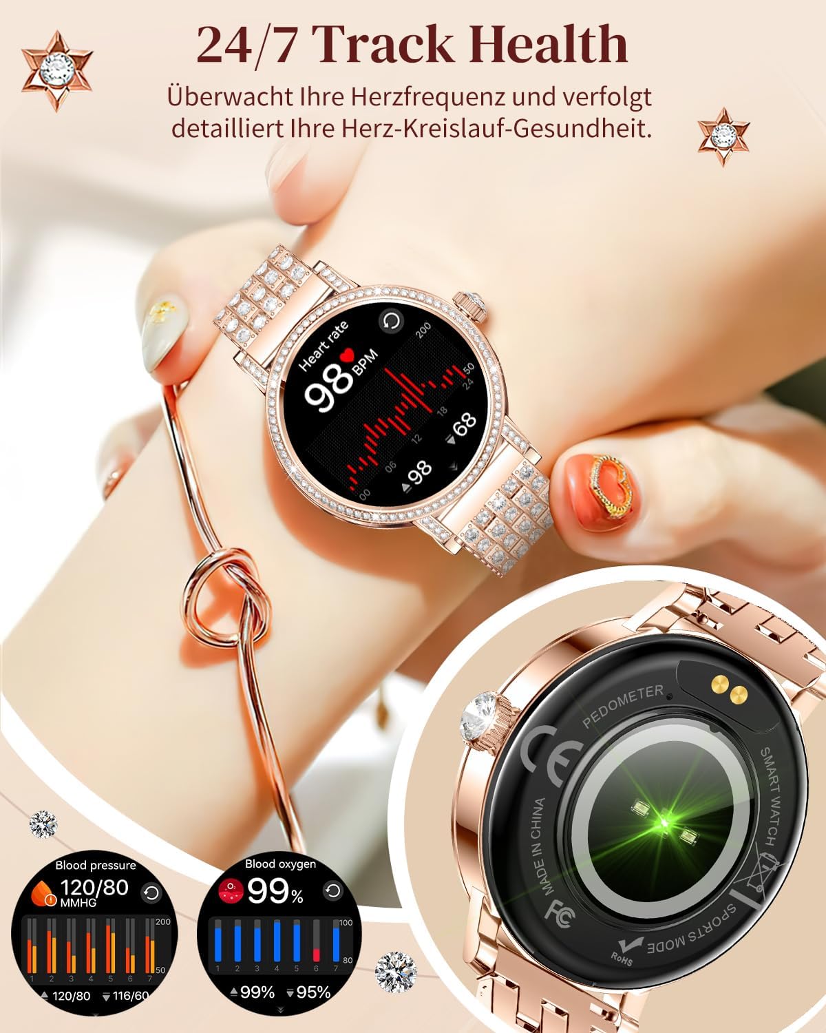 Female Diamond Smartwatch, Bluetooth-Anrufe (Annehmen und Anrufe)/Schlaf-/Herzfrequenz-Smartwatch mit 1,27-Zoll-HD-Display, Fitness-Tracker für Android und iOS – Bild 6