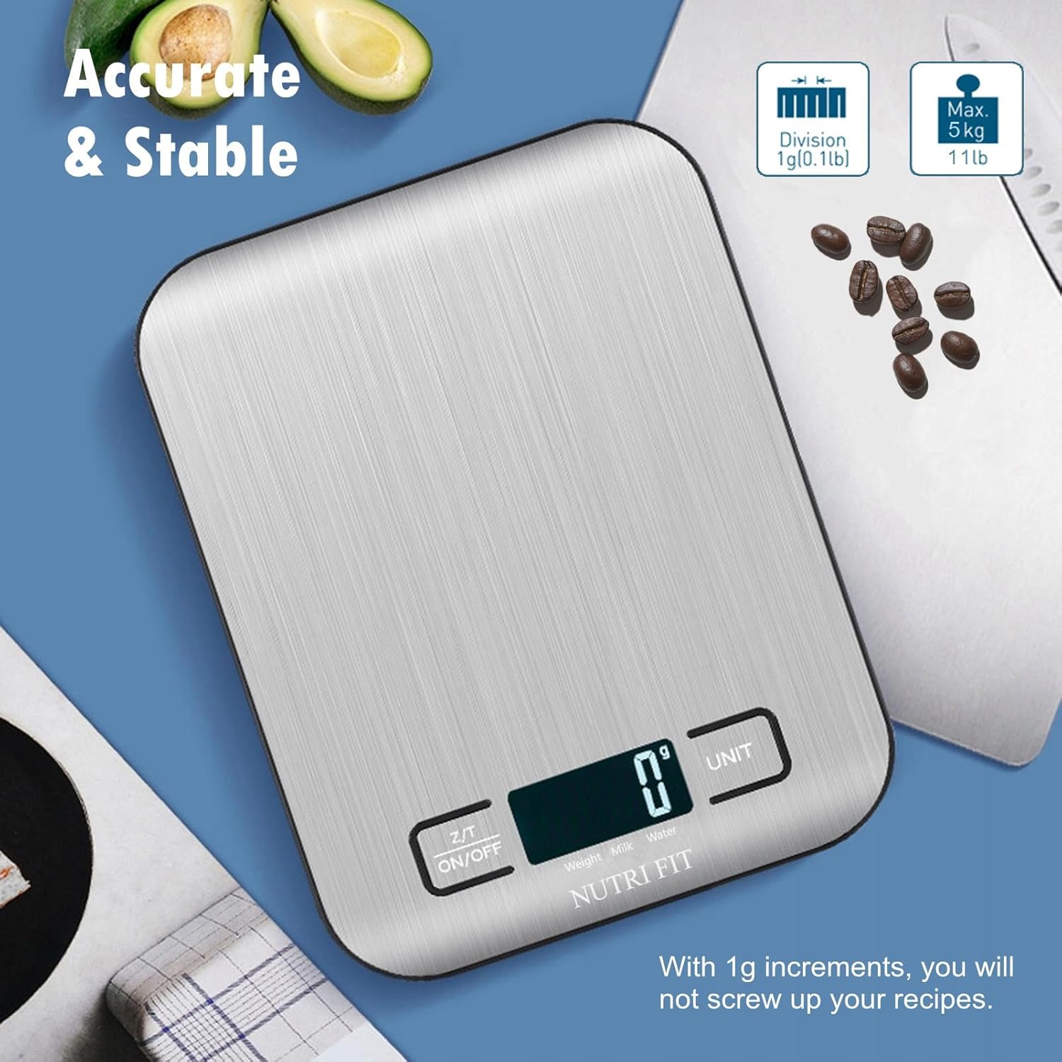 NUTRI FIT Digitale Küchenwaage aus Edelstahl, ultraflache elektronische Kochwaage Lebensmittelwaage, 4 Einheiten, 5kg/11lb, LCD-Anzeige, AAA Batterien-Silbergrau – Bild 7