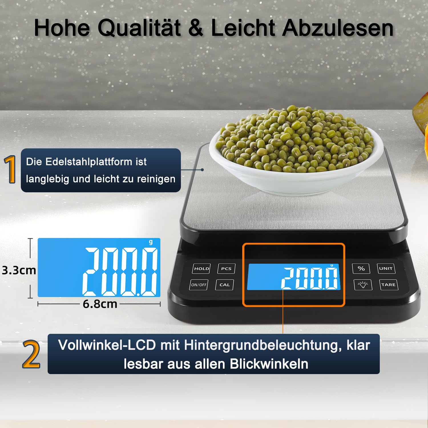 BOMATA 0,1 g/5 kg große digitale Küchenwaage, hochpräzise Bäckereiwaage mit %-Prozentfunktion, wiederaufladbar über USB, Wiegeplatte aus Edelstahl – Bild 6