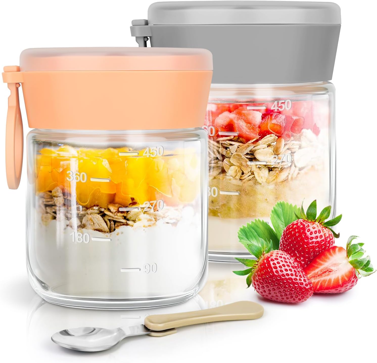Overnight Oats Gläser mit faltbarem Löffel,2er 500ml Vielzweckiger Meal Prep Gläser mit Deckeln,Geeignet für die Konservierung von Fruchtsalat,Joghurt,Chutney und Marmelade Sowie als Meal Prep Boxen
