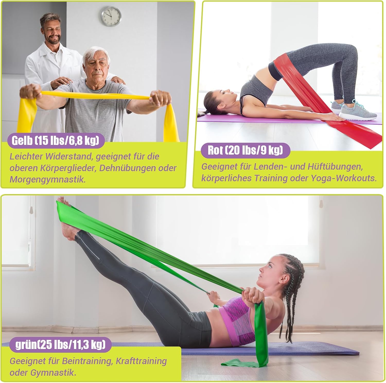 GYMERK Fitnessbänder 3er Set, 1,8 m Übungsband mit 3 Widerstandsstufen, Fitnessband mit Türanker, Tragetasche und Übungsanleitung, ideal für Yoga, – Bild 6