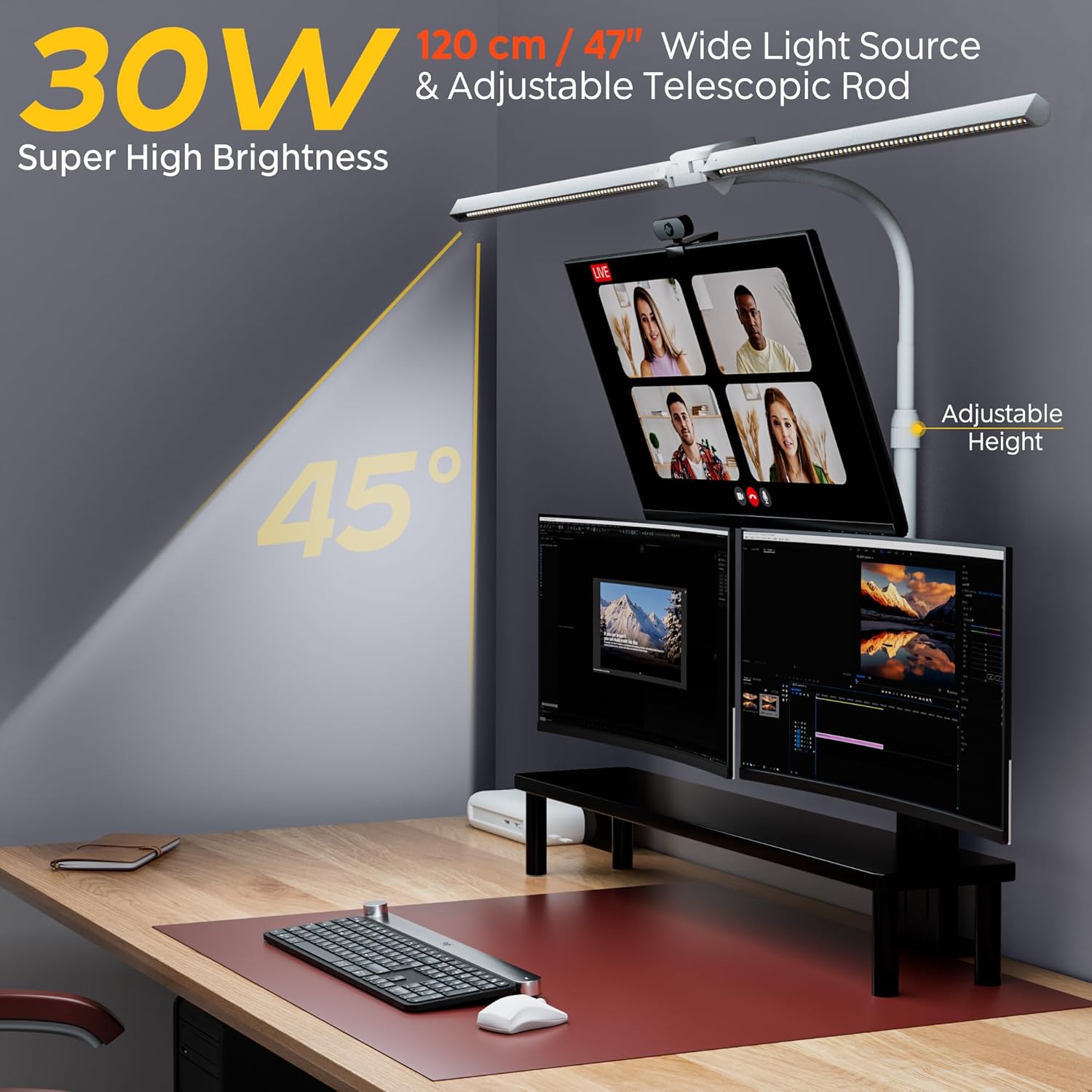 EYOCEAN Schreibtischlampe, Doppelkopf-Schreibtischlampe, Teleskopstange mit verstellbarer Höhe, 30 W 120 cm Tageslichtlampe Schreibtisch mit Fernbedienung, dimmbare Monitorlampe, Bürotischlampe – Bild 2