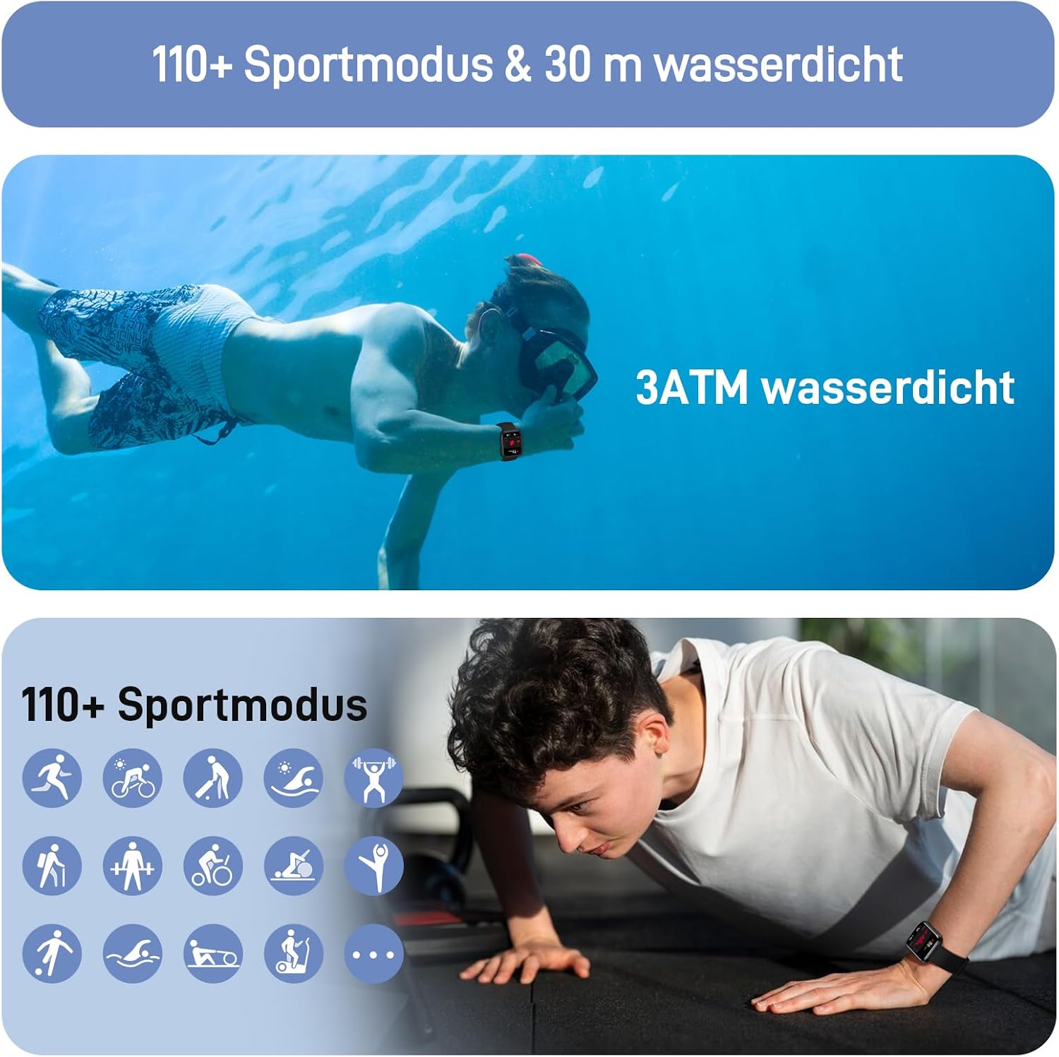 Tensky Smartwatch Herren Damen, 1,85'' Fitnessuhr 3ATM wasserdicht, integrierte Alexa, Herzfrequenz SpO2 Schlafmonitor 110+ Sportmodi Fitness Tracker kompatibel mit iPhone/Samsung/Android – Bild 6