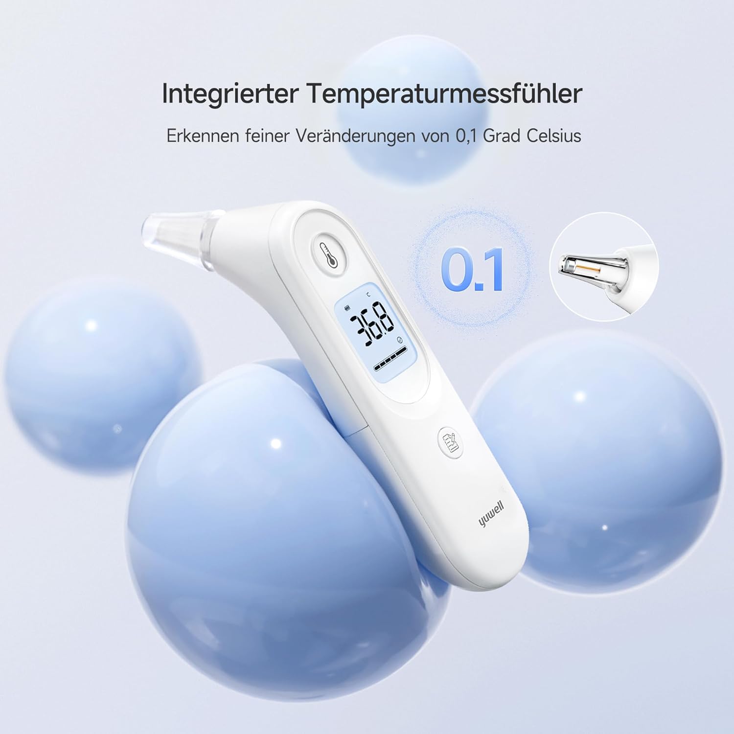 yuwell Fieberthermometer für Kinder und Erwachsene, medizinisches Ohrthermometer, baby- und kinderfreundlich, Messung in Sekunden, Warnung vor hohen Temperaturen, großes Display, 7 Messwertspeicher – Bild 2