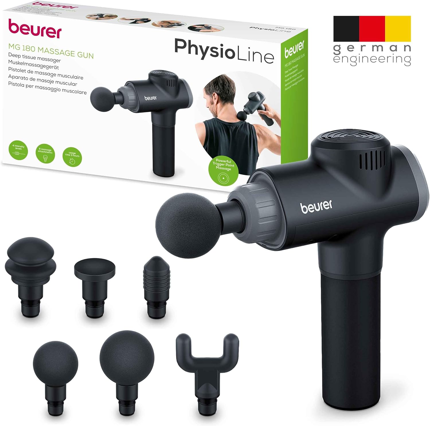 Beurer MG 180 Massagepistole, Massagepistole mit 6 Aufsätzen, 4 Intensitätsstufen für gezielte Muskelmassage, anwendbar für alle Muskelgruppen zur Aktivierung und Regeneration – Bild 8