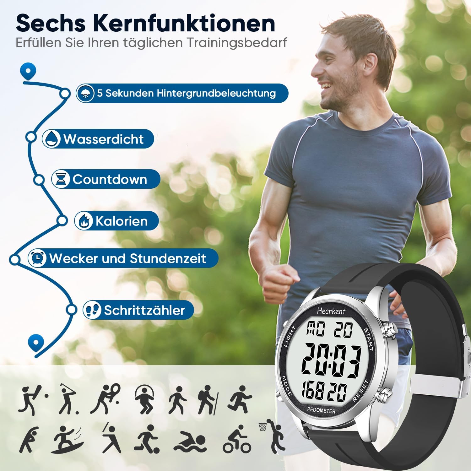 Schrittzähler Uhr Herren Ohne App und Handy,Großen Ziffern Digitaluhr,30M Wasserdicht,Fitness Tracker Fitnessuhr mit Schrittzähler Kalorienzähler – Bild 3