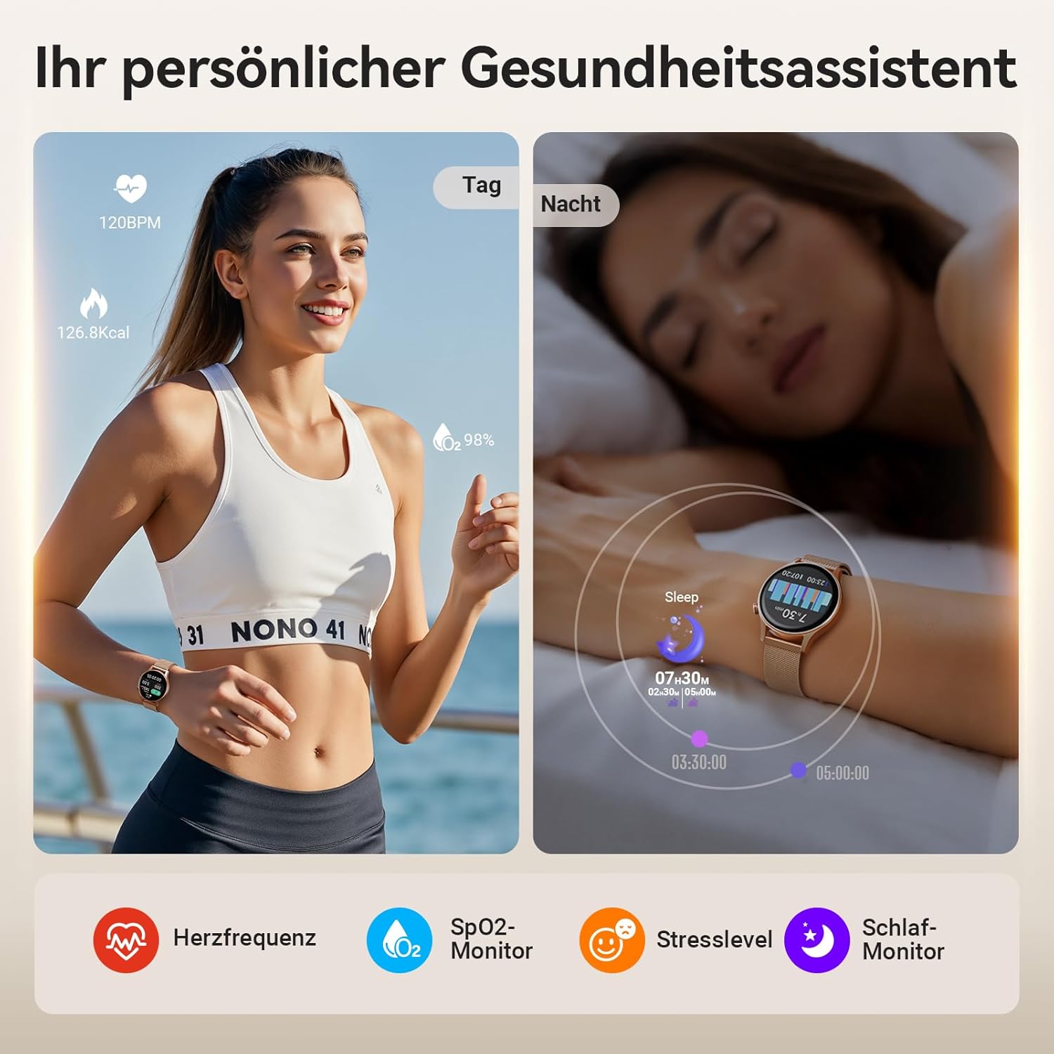 Smartwatch Damen Herren rund mit Telefonfunktion 1,32 Zoll AMOLED Display, Fitnessuhr mit 110+ Sportmodi & 3ATM, Uhren Damen Herren für iOS/Android Schrittzähler mit Herzfrequenzmesser Schlafmonitor Gold – Bild 5