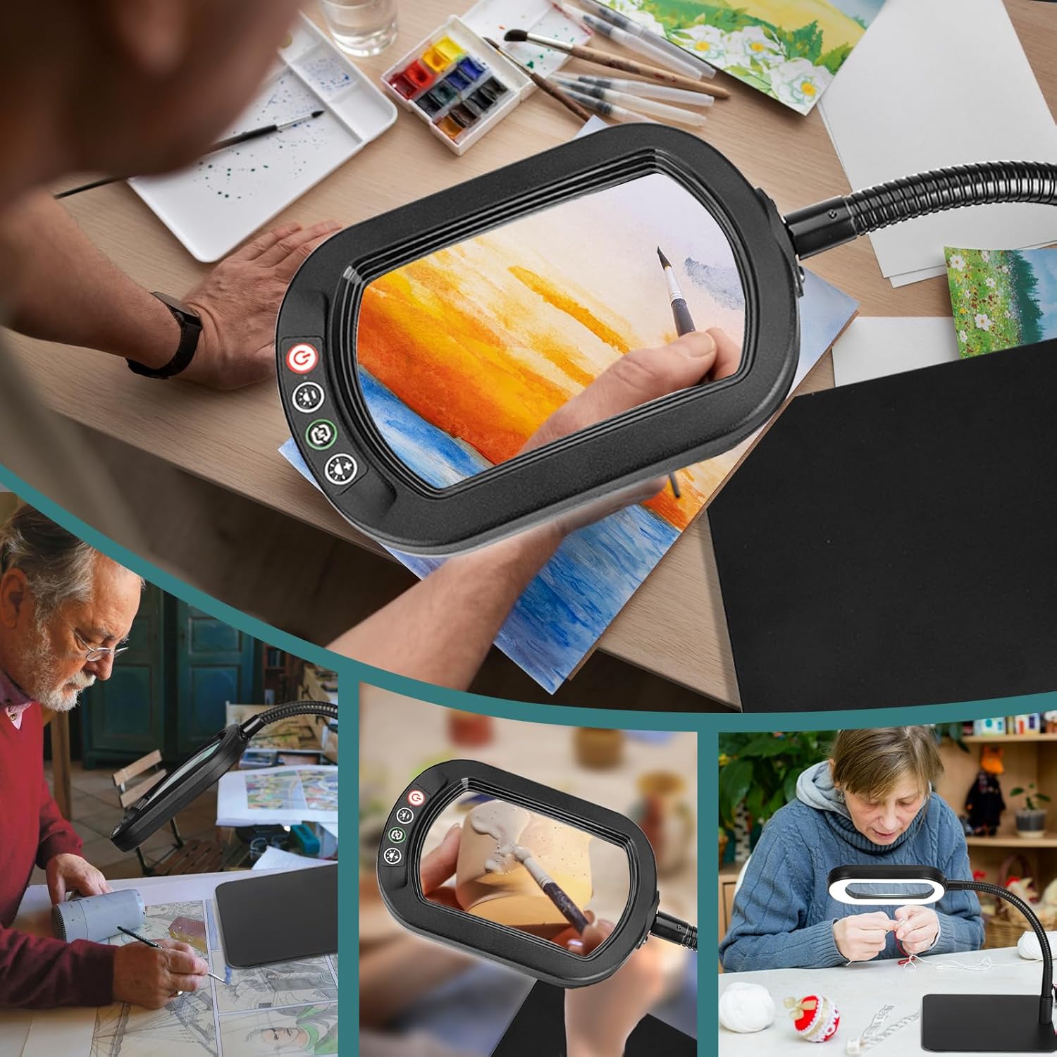 Drdefi 10 x rechteckige Lupe mit Licht und Ständer, Echtglas-Lupenlampe, 5 Farbmodi, stufenlos dimmbar, flexible Schwanenhals-LED-beleuchtete Schreibtischlampe, freihändige Lupenlampe für Lesehobby – Bild 7