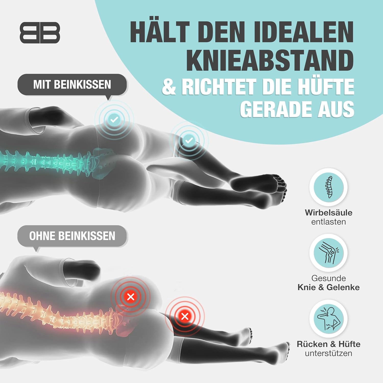 BACK BODYGUARD Kniekissen Seitenschläfer, Beinkissen, Seitenschläferkissen mit Bezug, Lagerungskissen, Beinkissen für Erwachsene, Kniekissen, Seitenschläfer, Knierolle (Kissen + grauer Bezug) – Bild 5
