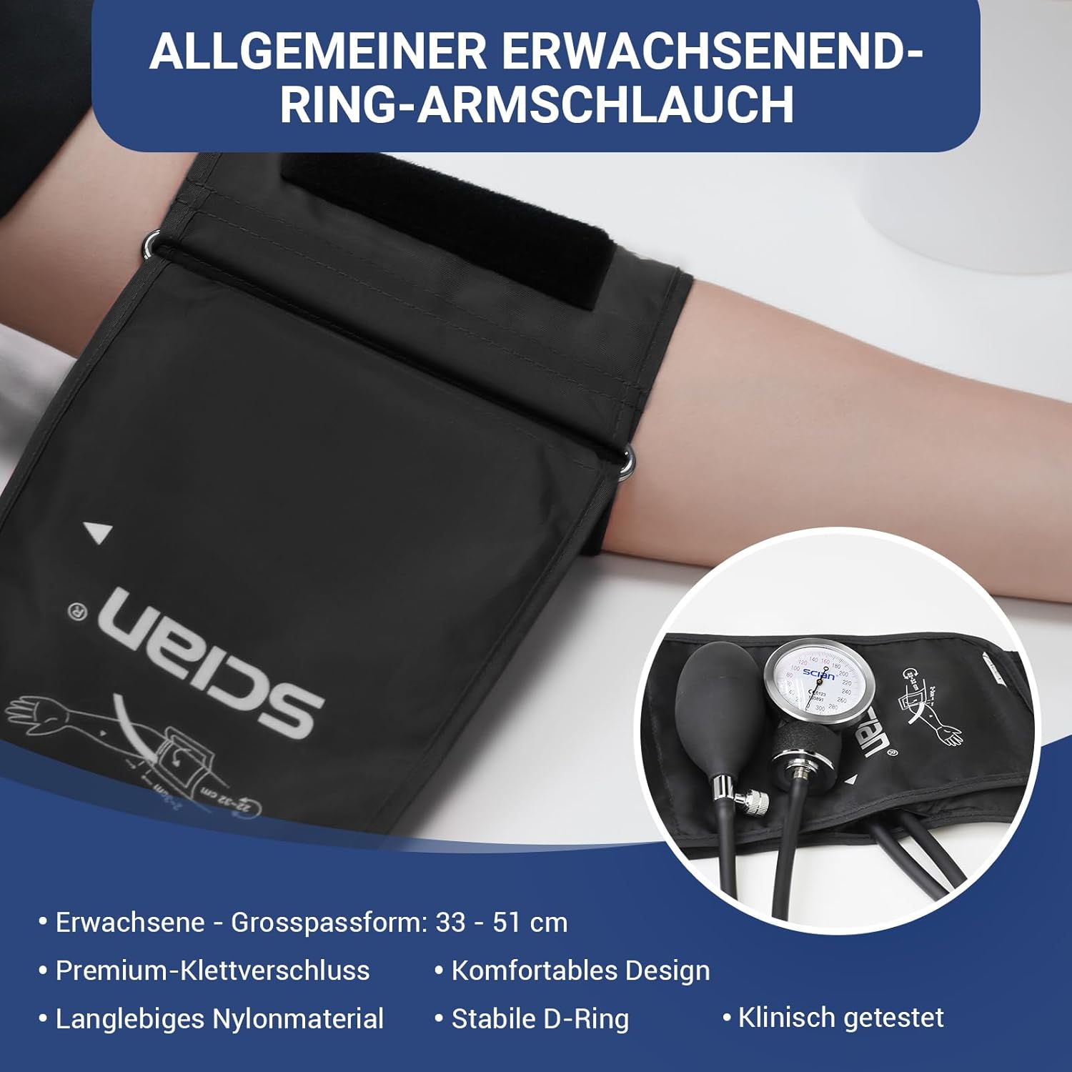 SCIAN Manuelles Blutdruckmessgerät mit großer Blutdruckmanschette (33–51 cm) und D-Ring, inklusive Tragetasche für Krankenschwestern, Ärzte, Senioren, Erwachsene, Schwarz, Größe L – Bild 2