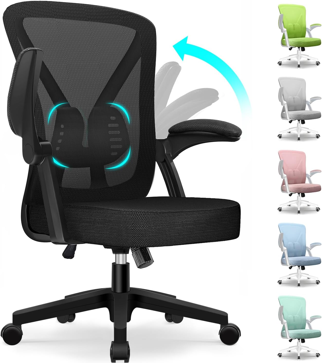 Hinonde Bürostuhl, Schreibtischstuhl mit klappbaren Armlehnen und Wippfunktion, 360° Drehstuhl, höhenverstellbarer Bürostuhl, ergonomischer Home-Office-Stuhl mit atmungsaktivem Netz, bis 150 kg