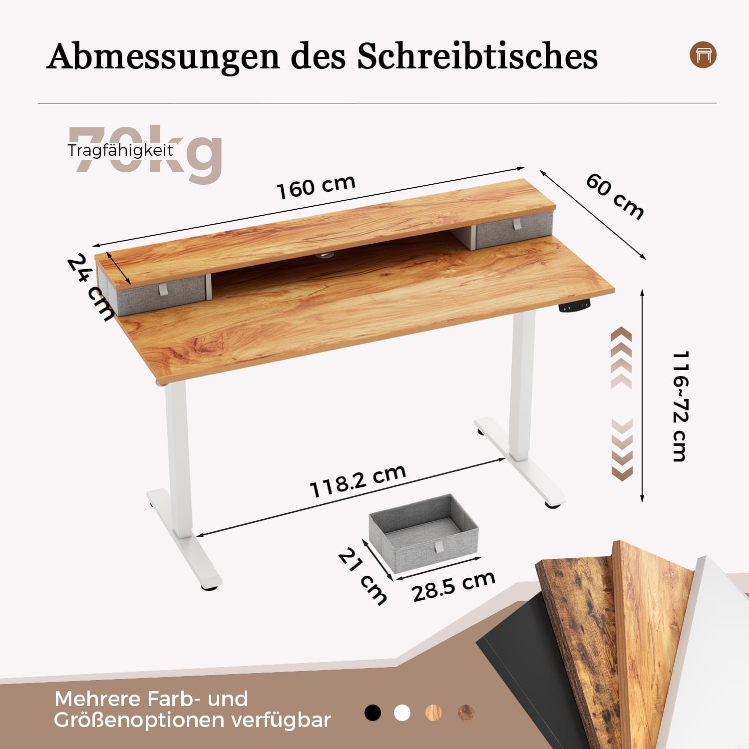 Klicelor Höhenverstellbarer Schreibtisch mit Doppelschubladen, elektrisch höhenverstellbarer Schreibtisch, Sitz-Steh-Computertisch, ergonomischer Stehschreibtisch, 160 x 60 cm, Hellbraun – Bild 2