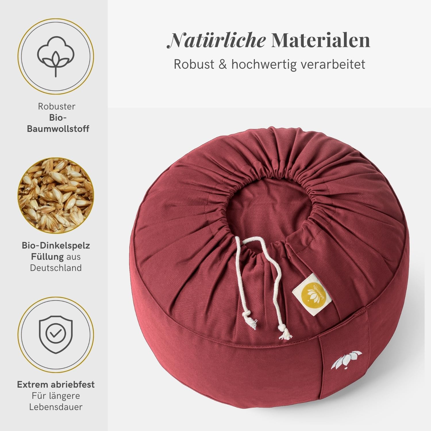 Lotuscrafts Meditationskissen LOTUS – Höhe 15 cm – Dinkelfüllung – waschbarer Bezug aus Bio-Baumwolle – Bodenkissen Meditation – Yogakissen – Meditationskissen – Yogakissen – GOTS zertifiziert – Bild 3