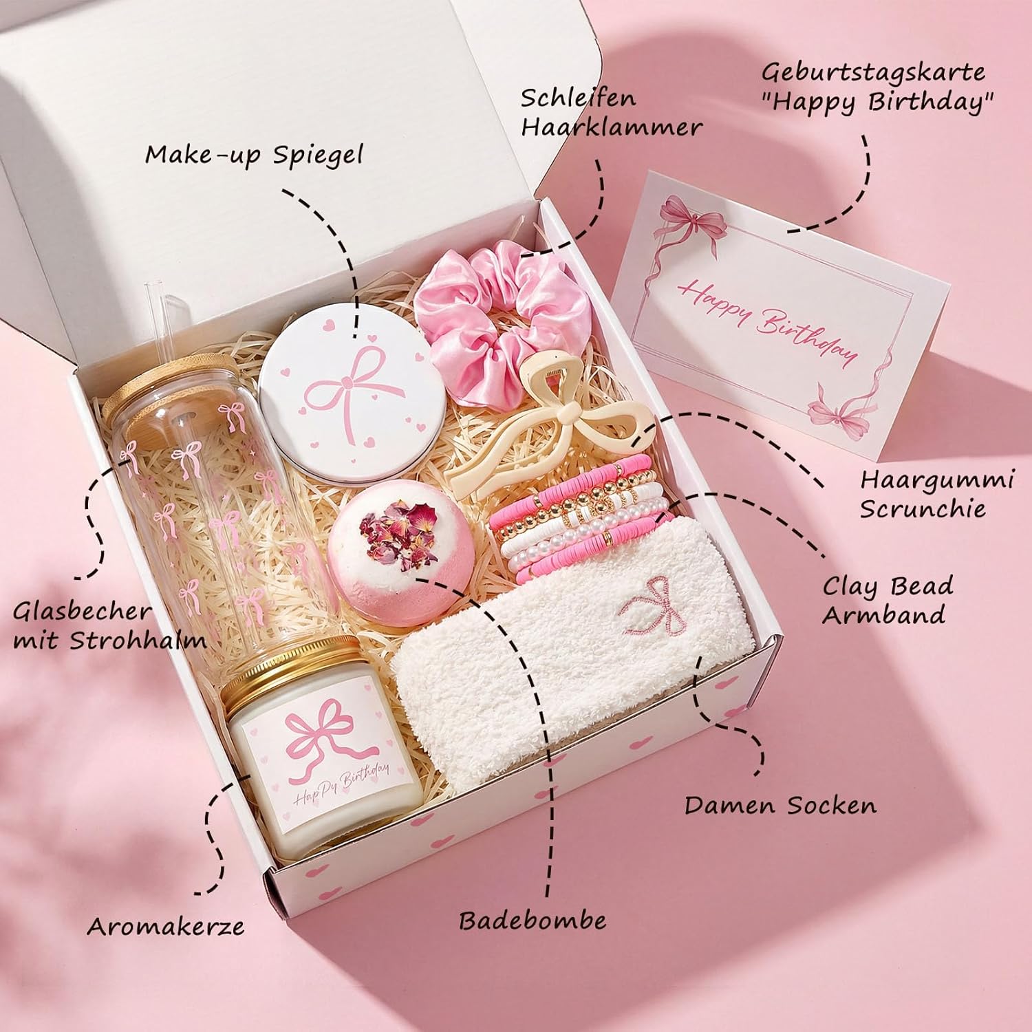 Luxuriöses Geburtstagsgeschenk für Frauen – Geschenkbox mit rosa Schleifen als elegantes Wellness-Geschenkset mit Duftkerze, Badebombe, Glasbecher und ausgewählten Beauty-Accessoires – Bild 2