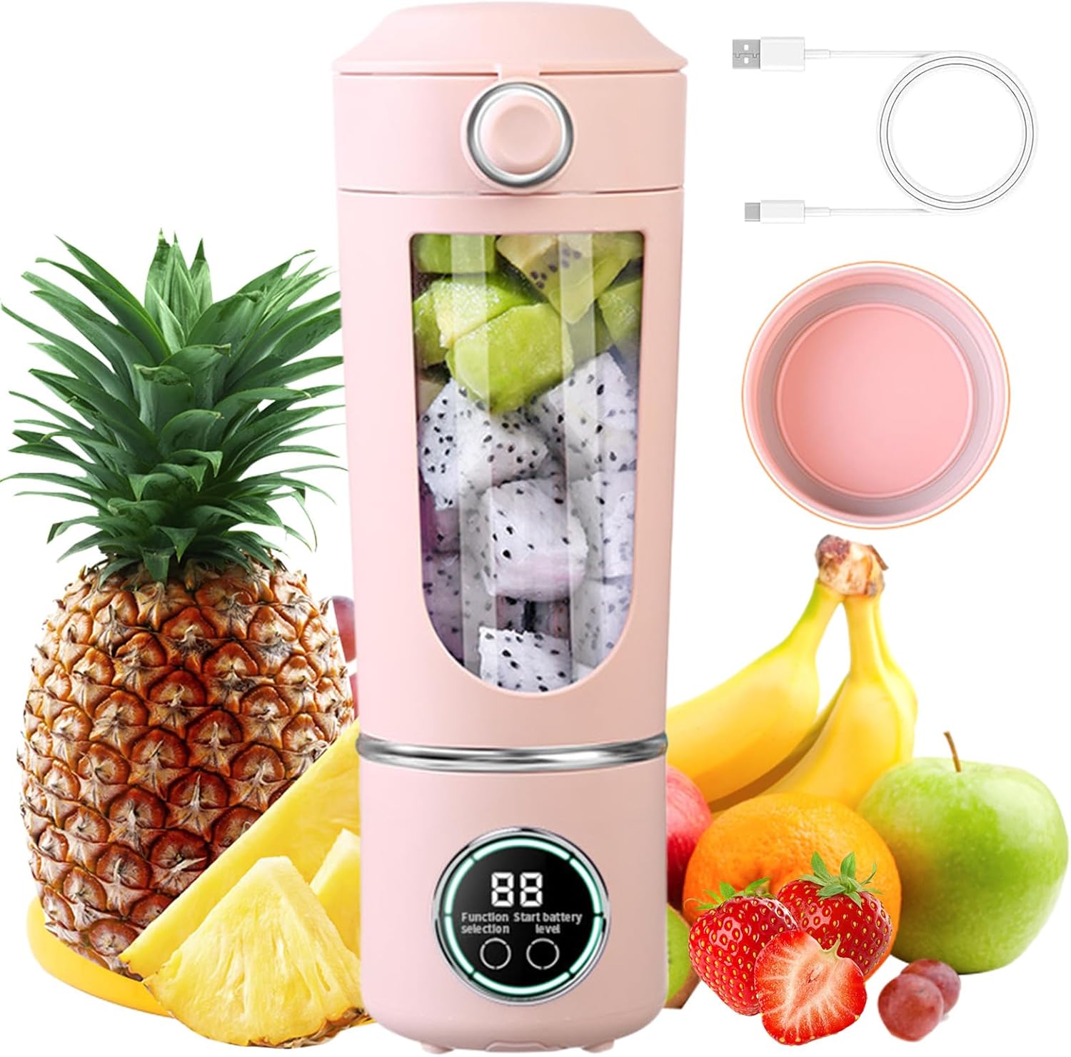 Kleiner tragbarer Mixer, 700 ml Maker to Go Mini-Standmixer, tragbarer Mixer mit 12 Klingen aus Edelstahl und Digitalanzeige, USB wiederaufladbar, kleiner Entsafter für Smoothies, Shakes – Reisen, Büro, Sport (Pink)