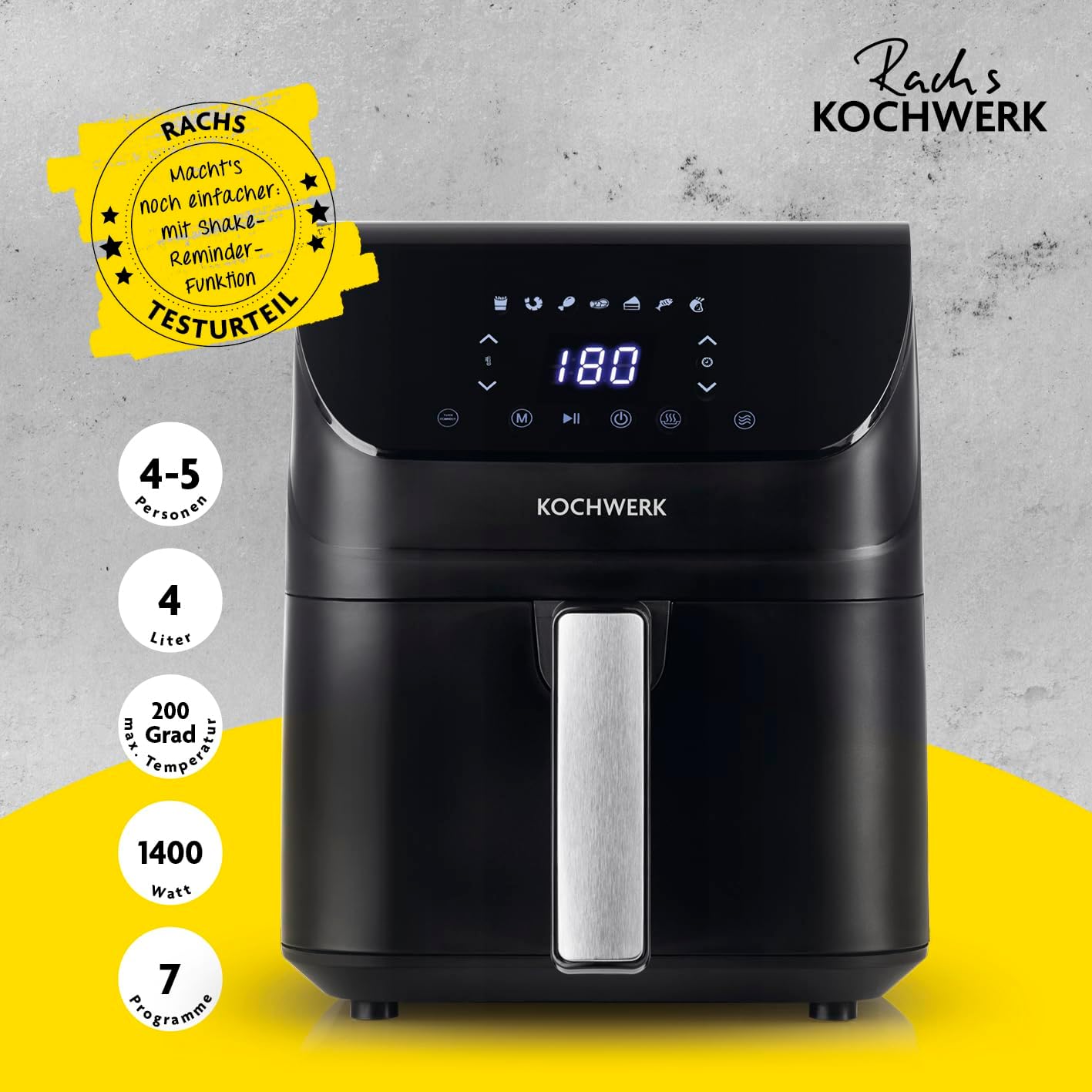 Rachs KOCHWERK Digitale Heißluftfritteuse 4L | Airfryer mit Touchscreen zum fettarmen Kochen, Grillen oder Backen ohne Öl | Erinnerungsfunktion zum Wenden | Einfache Reinigung | 1400 W – Bild 2