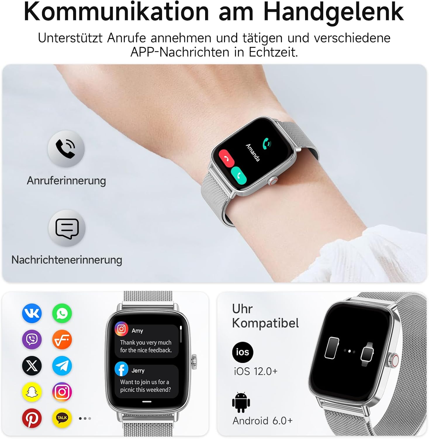 Smartwatch Herren Damen mit Telefonfunktion, 1,85 Zoll HD-Uhren mit Herzfrequenz-Schlafmonitor SpO2 Schrittzähler, 110+ Sportmodi Fitnessuhr, IP68 wasserdichte Smartwatch kompatibel mit iOS/Samsung/Android – Bild 2