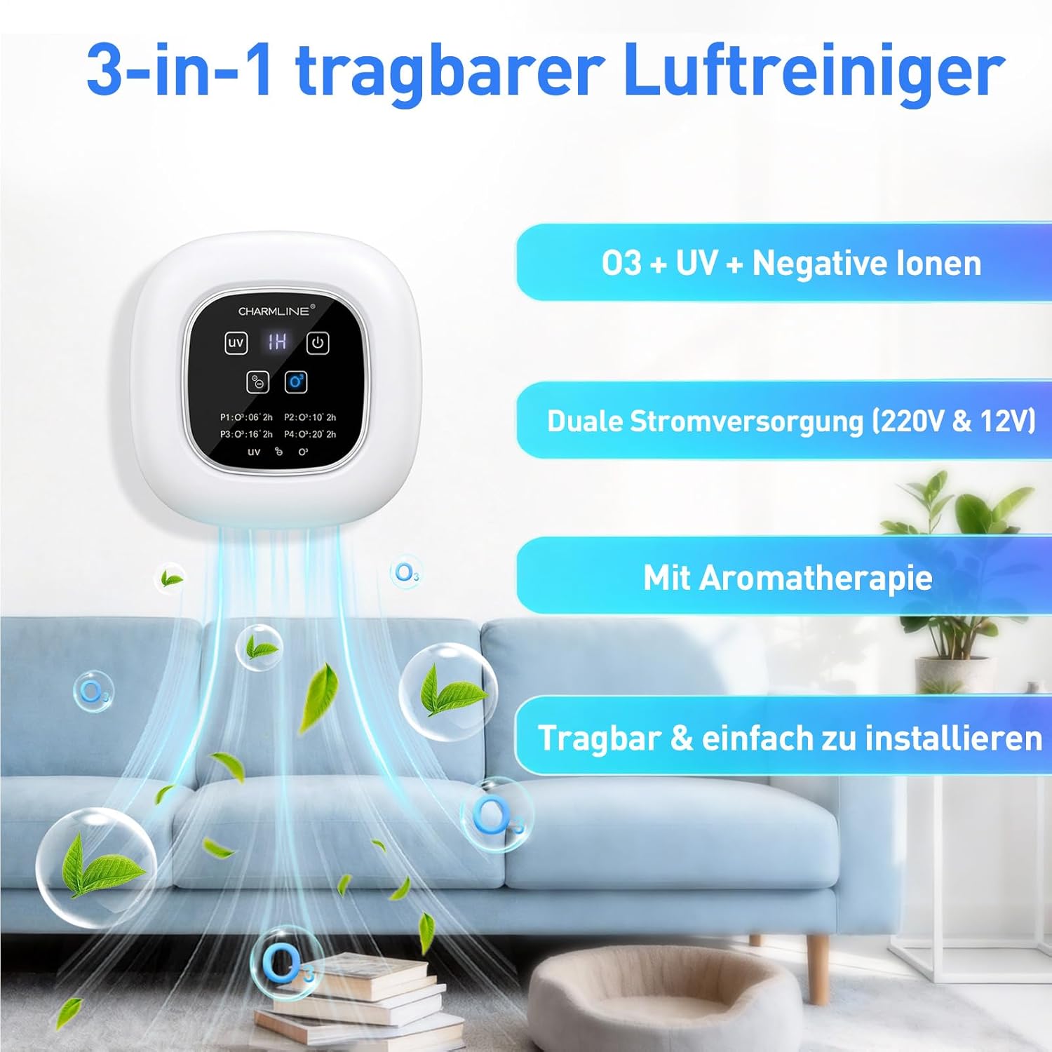 Charmline 3-in-1 tragbarer Luftreiniger mit Duftfunktion – entfernt schnell Tier- und Rauchgerüche, bringt frische Luft zurück in kleine Räume und kann über Steckdose oder Powerbank betrieben werden – Bild 2