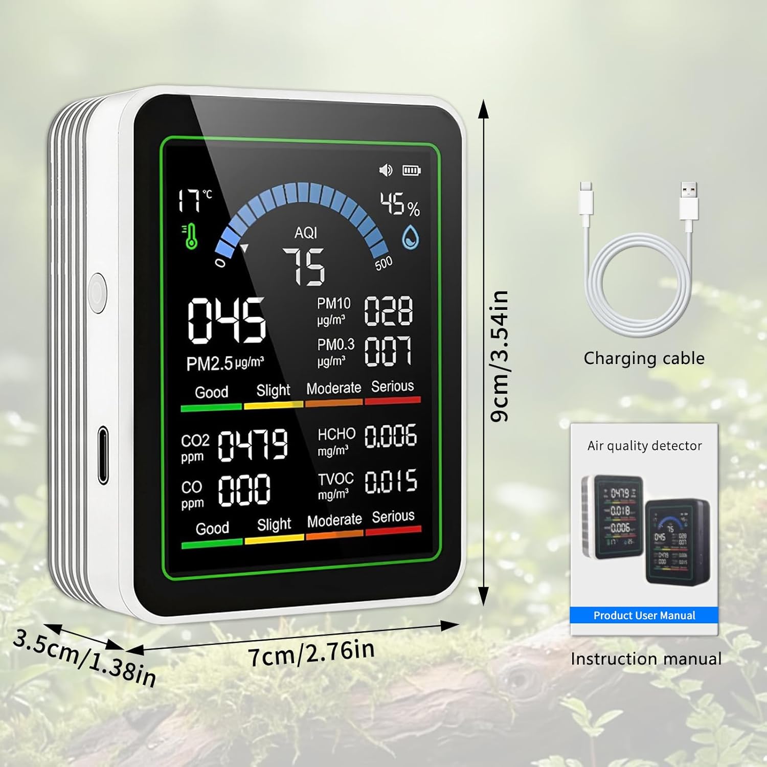 10-in-1 Luftqualitätsmonitor mit Farbdisplay und 4-Farben-Alarm,Messung von CO₂, PM1.0/PM2.5/PM10,HCHO,Temperatur & Luftfeuchtigkeit.Luftüberwachungsgerät mit Typ-C für Zuhause,Büro. (Weiß) – Bild 2