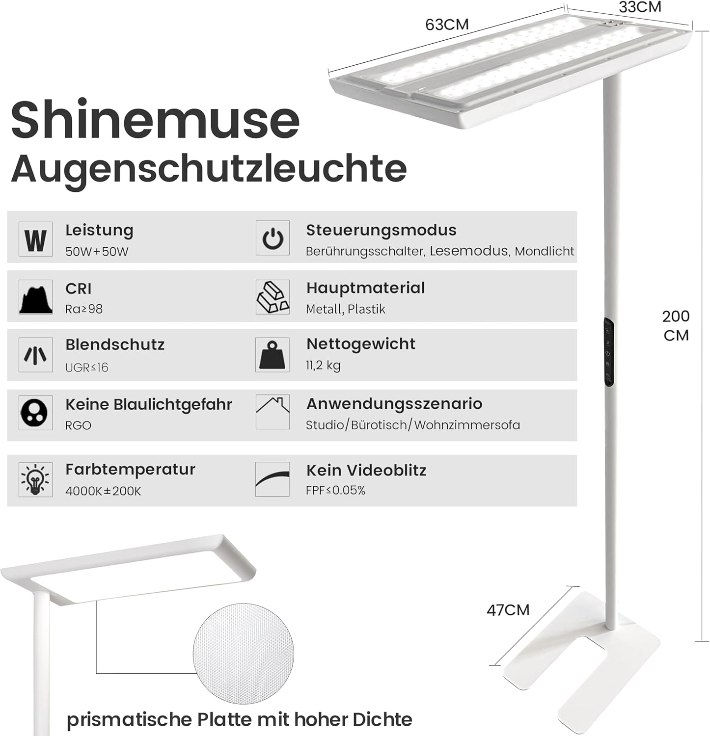 UGR98 LED Stehlampe für Büro, Tageslicht-Bürolampe, Vollspektrum-Stehlampe, dimmbar, 60 W + 50 W, Augenschutz, UGR, Neutralweiß, 4000 K, Stehlampe, Büro, Leselampe, Kinderzimmer – Bild 8